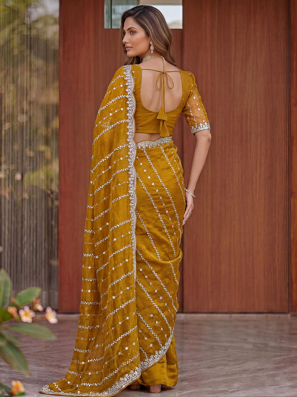 Mustard Captivating Beads Work Satin Party Wear Saree With Blouse