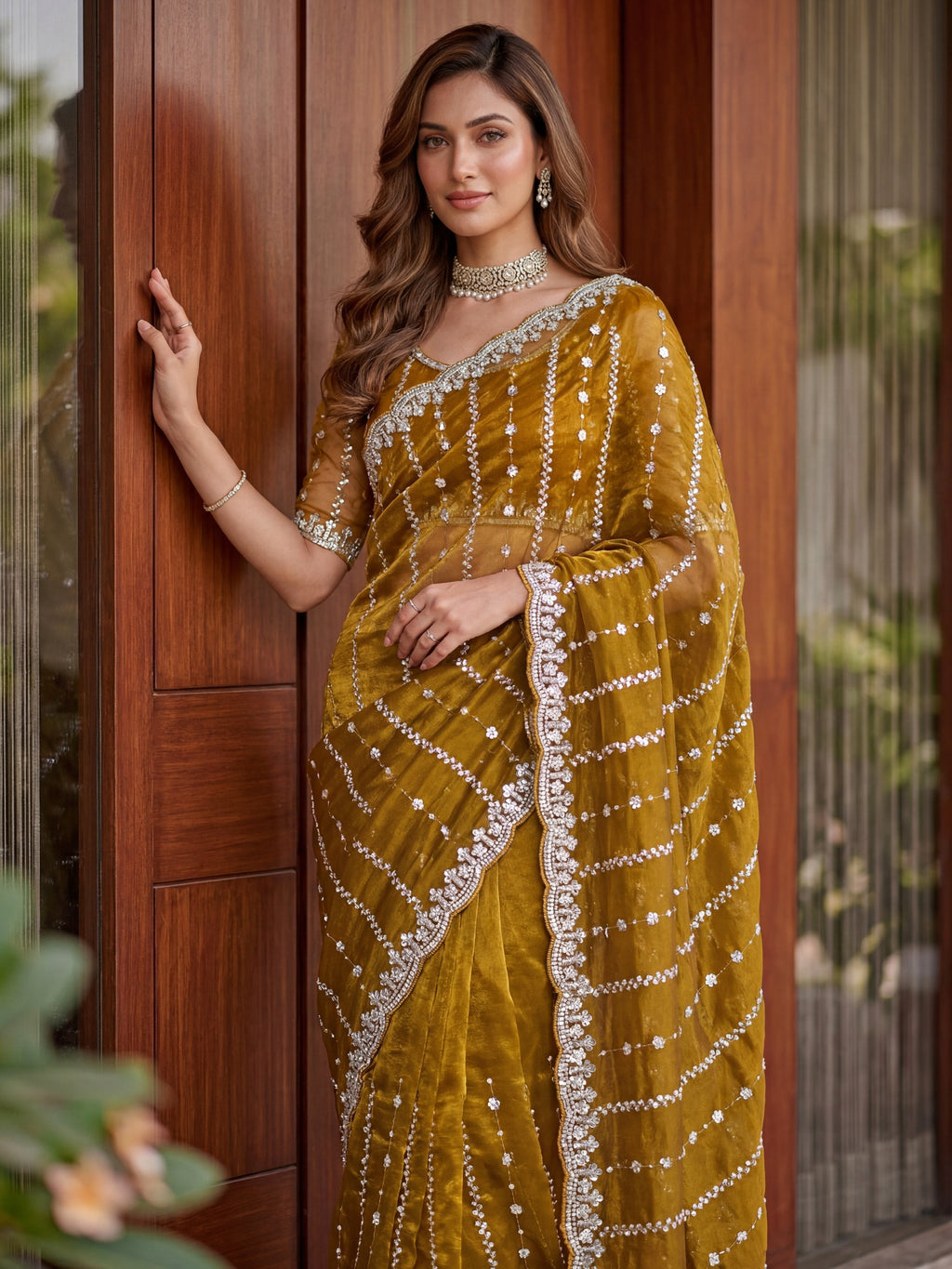 Mustard Captivating Beads Work Satin Party Wear Saree With Blouse