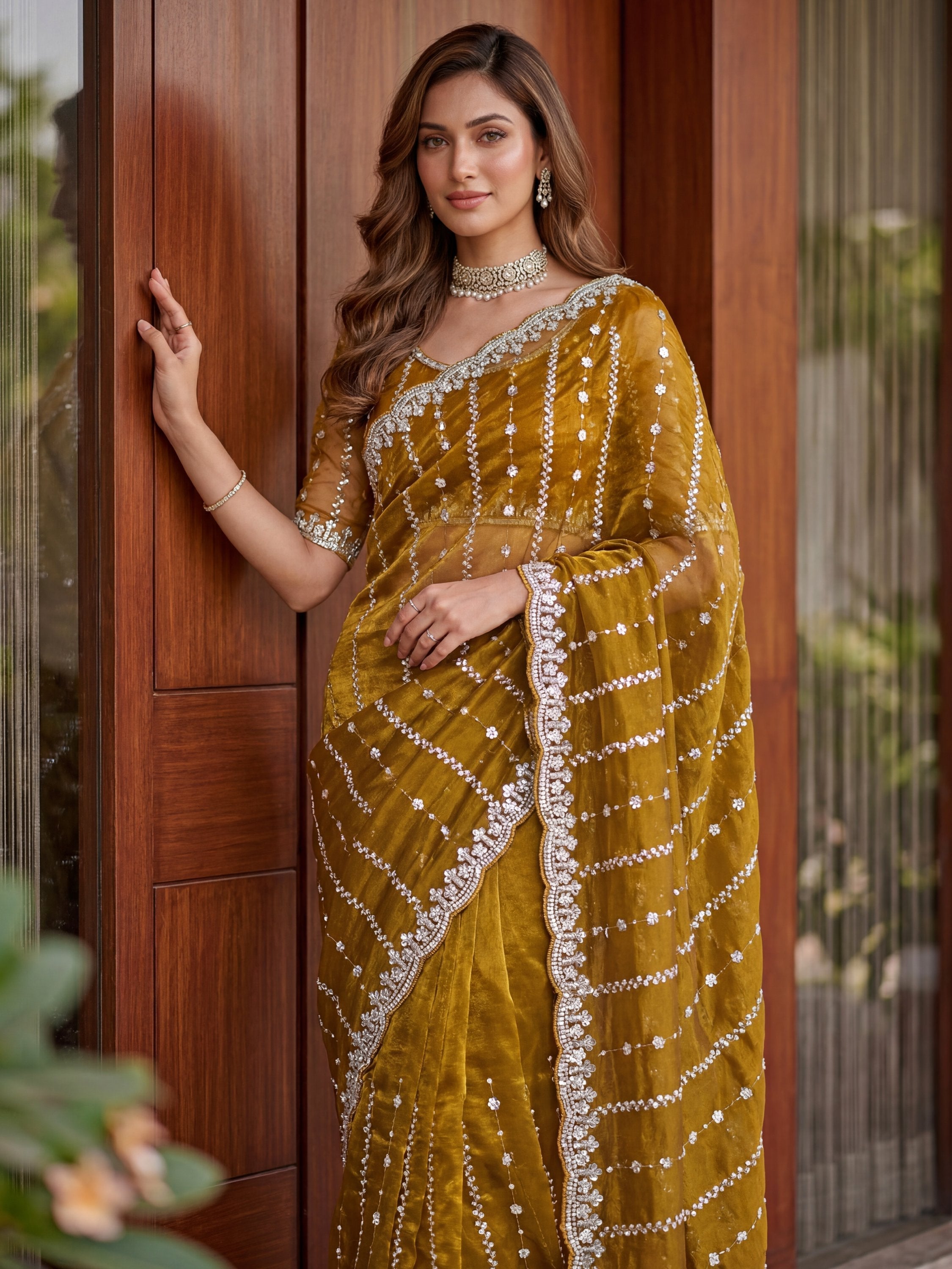 Mustard Captivating Beads Work Satin Party Wear Saree With Blouse