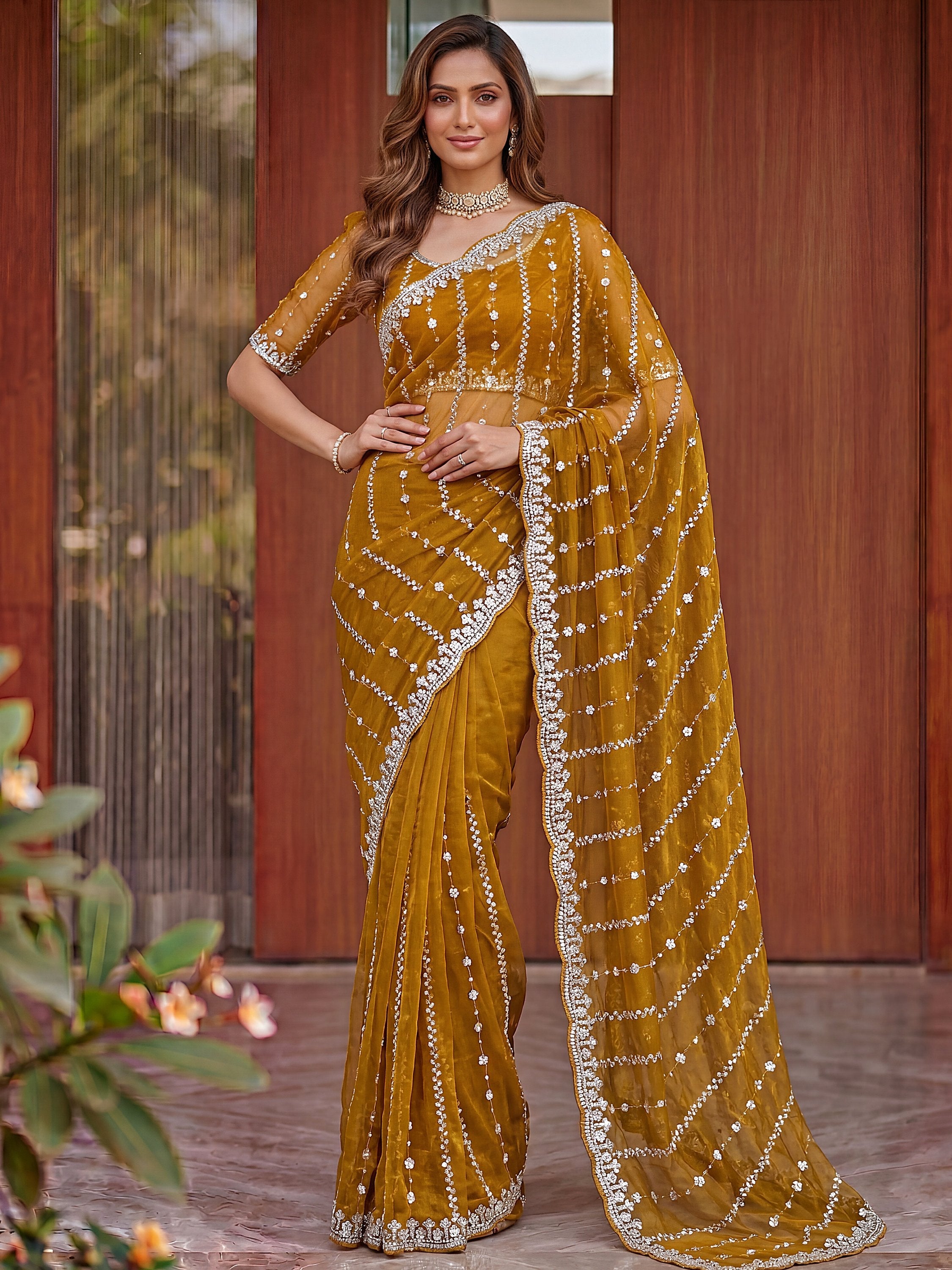 Mustard Captivating Beads Work Satin Party Wear Saree With Blouse