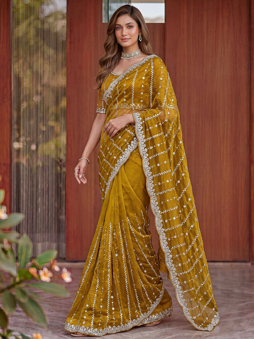 Mustard Captivating Beads Work Satin Party Wear Saree With Blouse