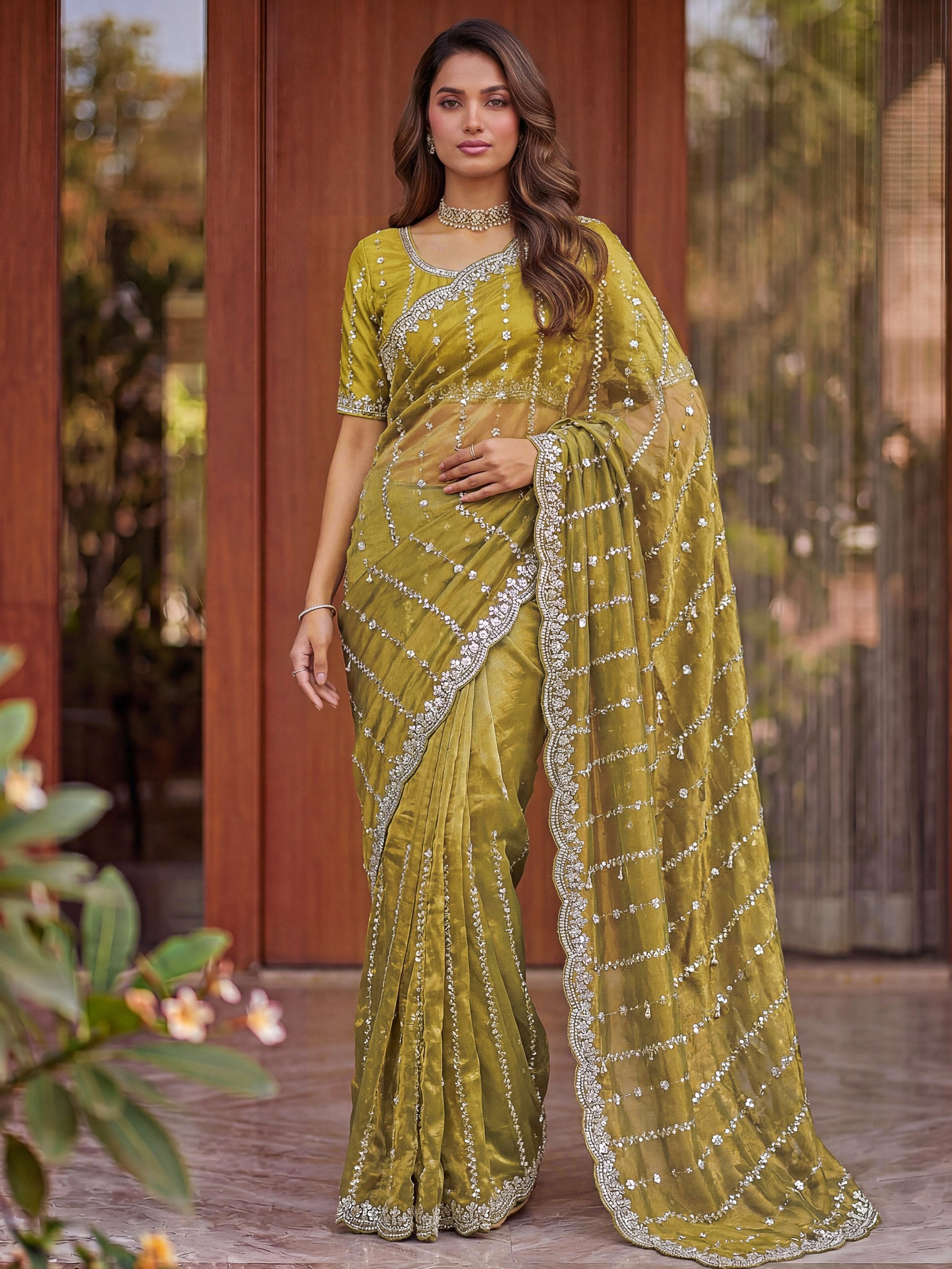 Olive Captivating Beads Work Satin Party Wear Saree With Blouse