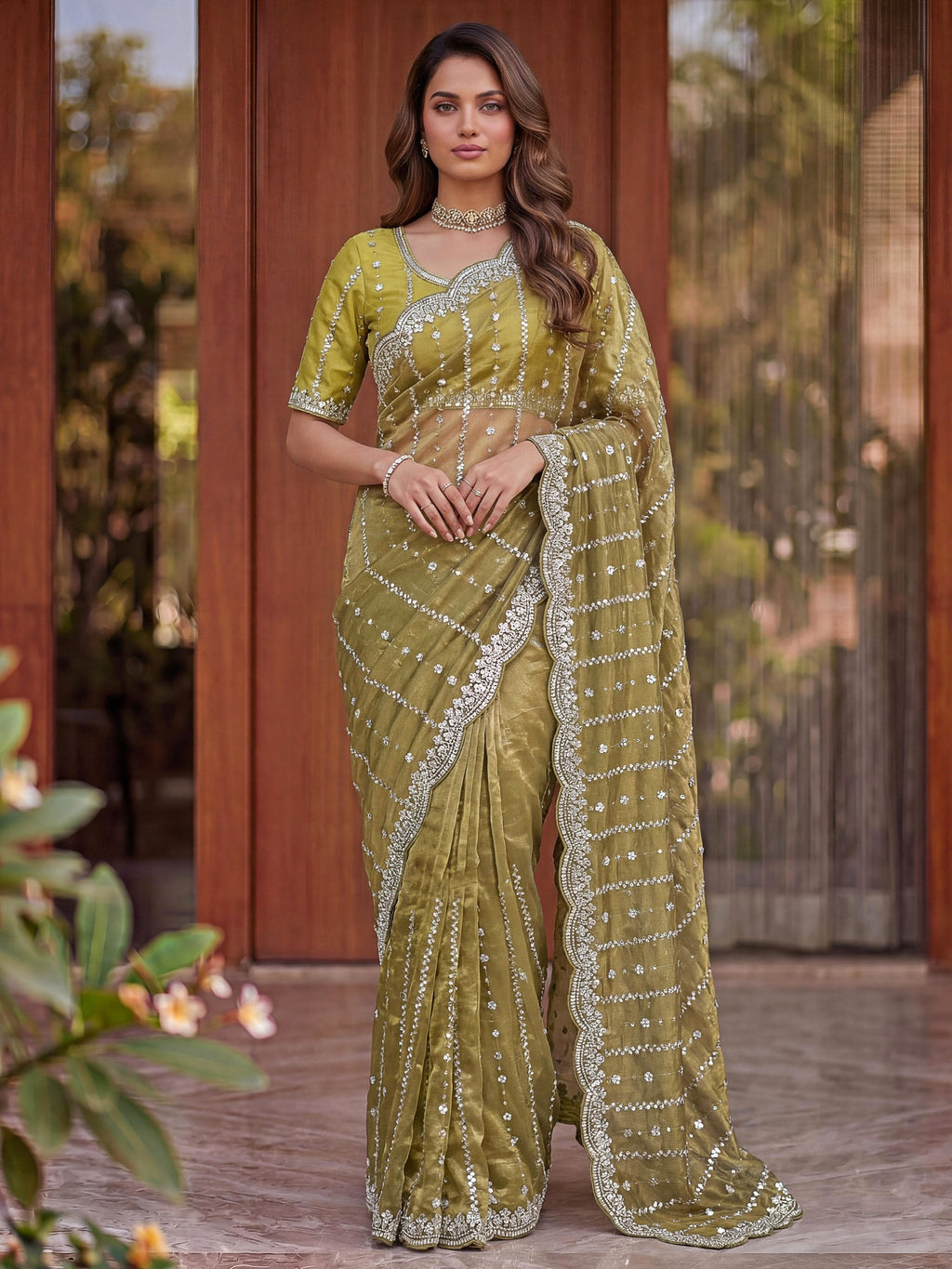 Olive Captivating Beads Work Satin Party Wear Saree With Blouse