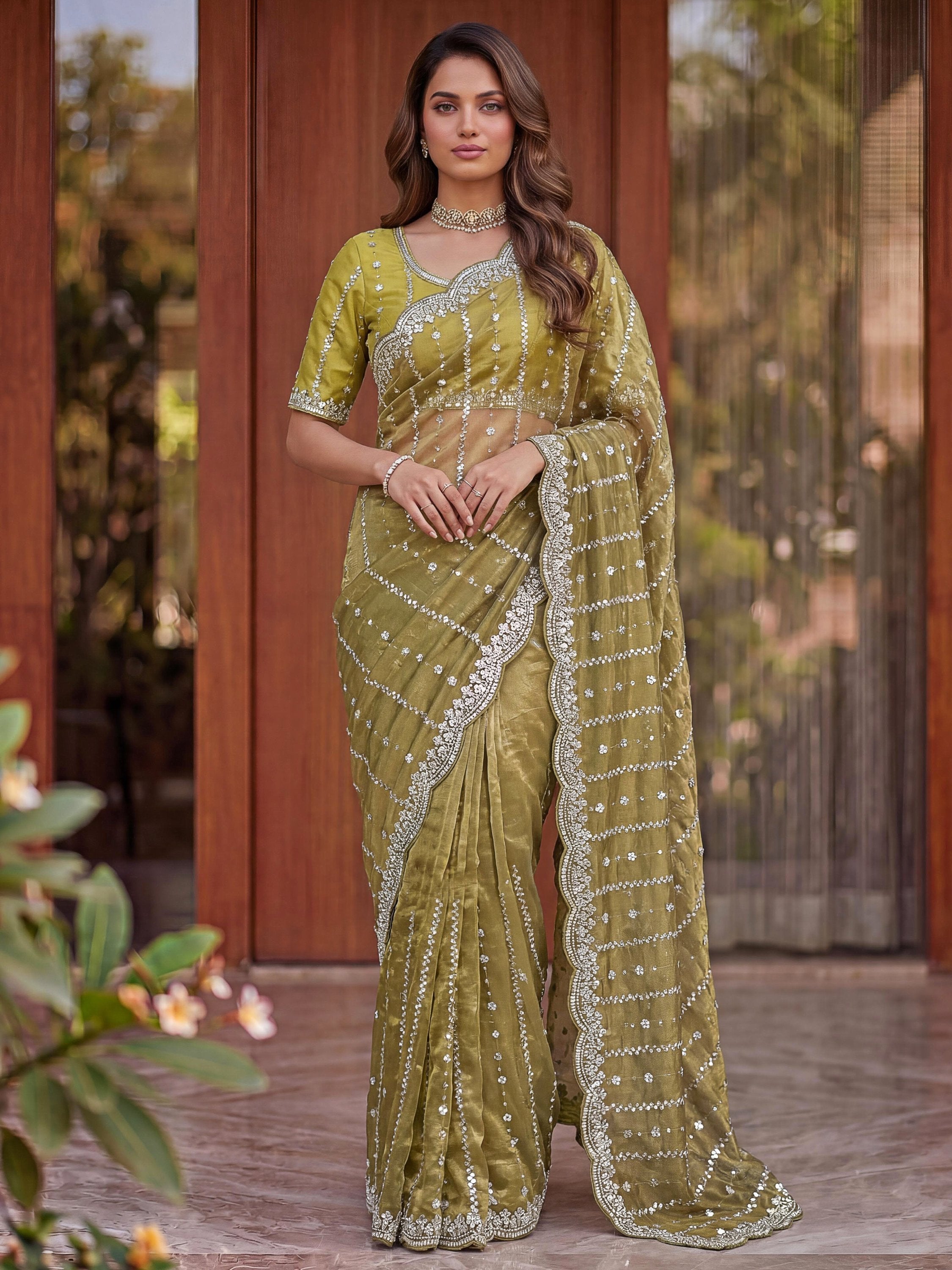 Olive Captivating Beads Work Satin Party Wear Saree With Blouse