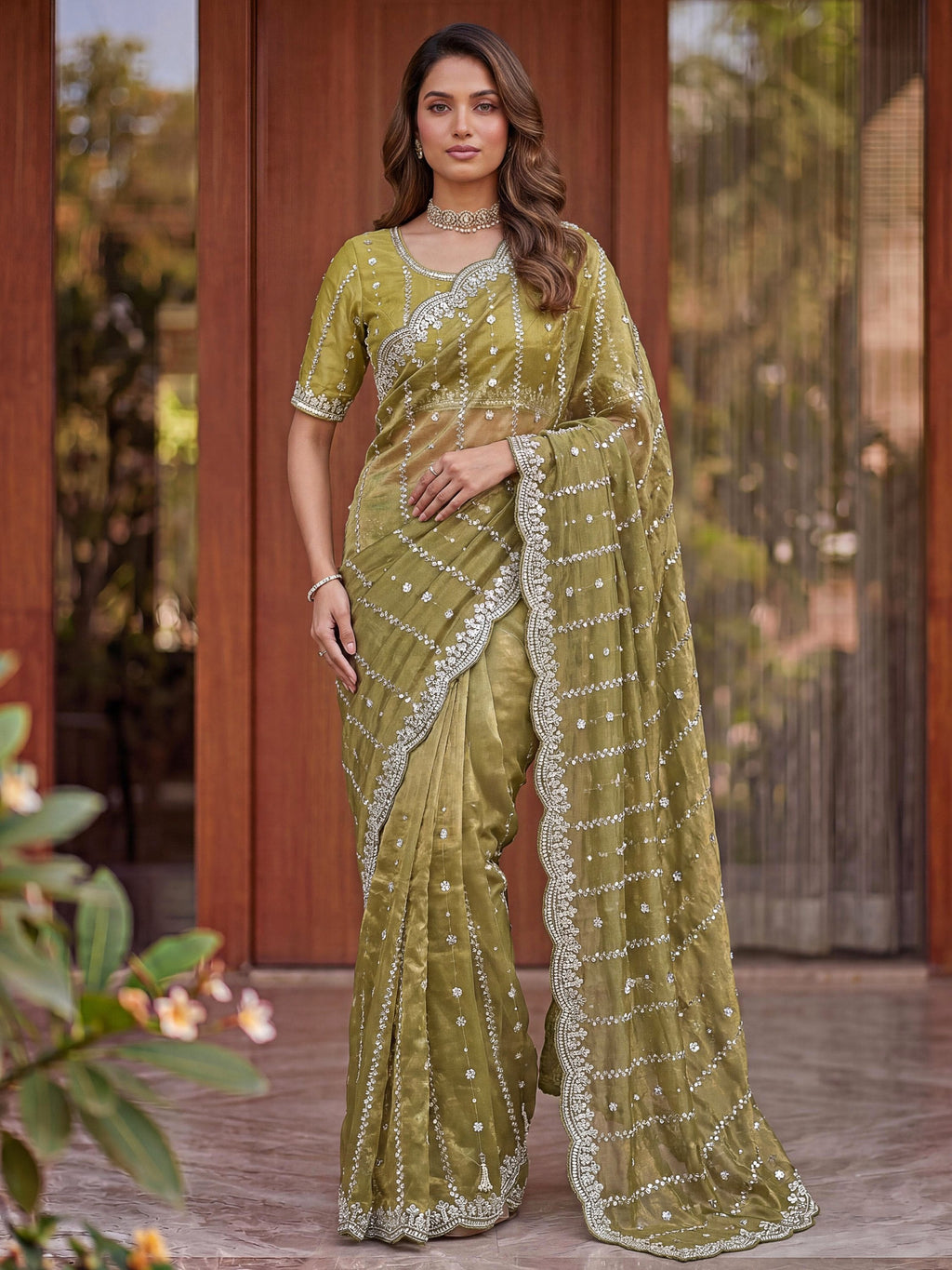 Olive Captivating Beads Work Satin Party Wear Saree With Blouse