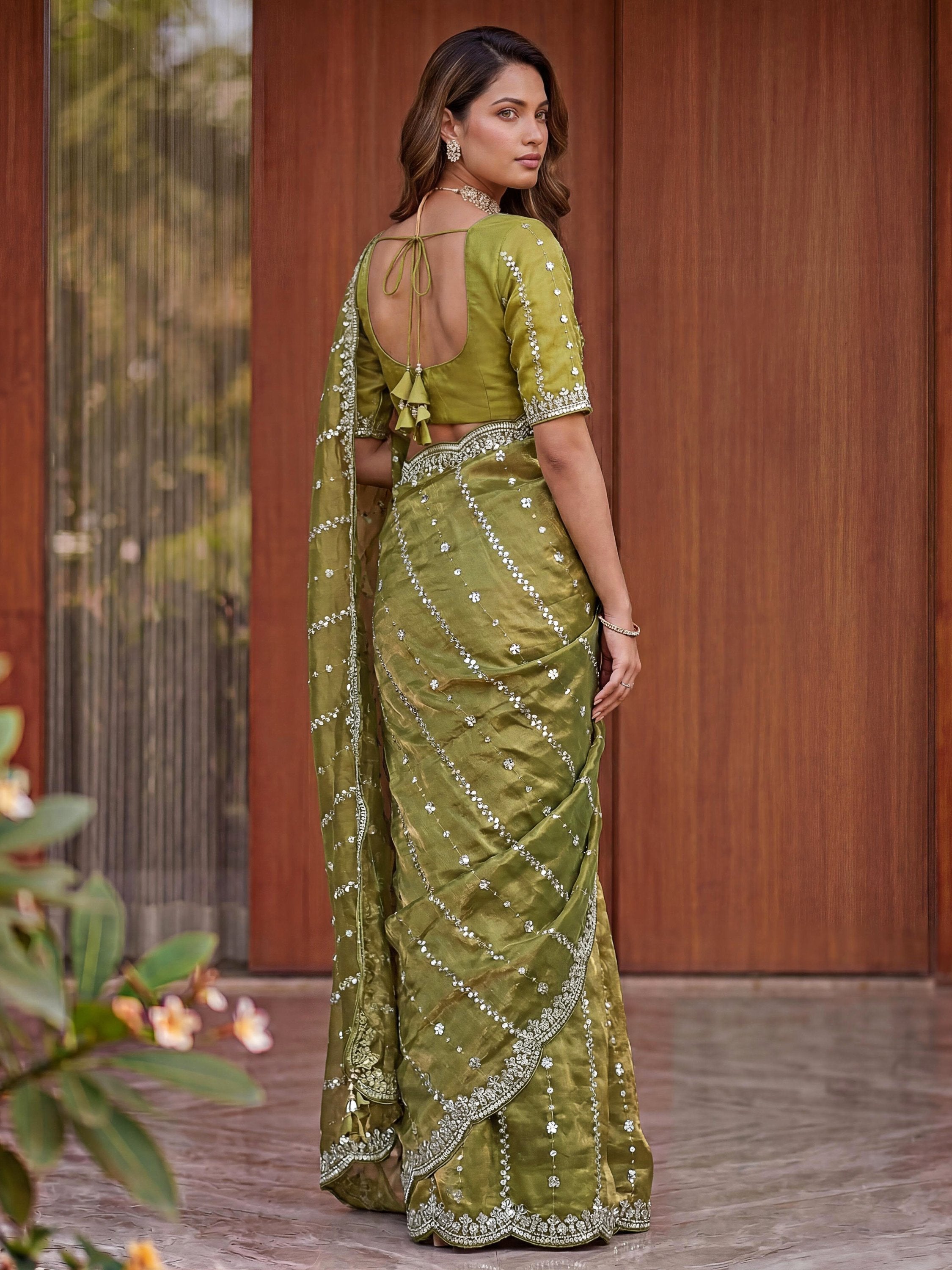 Olive Captivating Beads Work Satin Party Wear Saree With Blouse