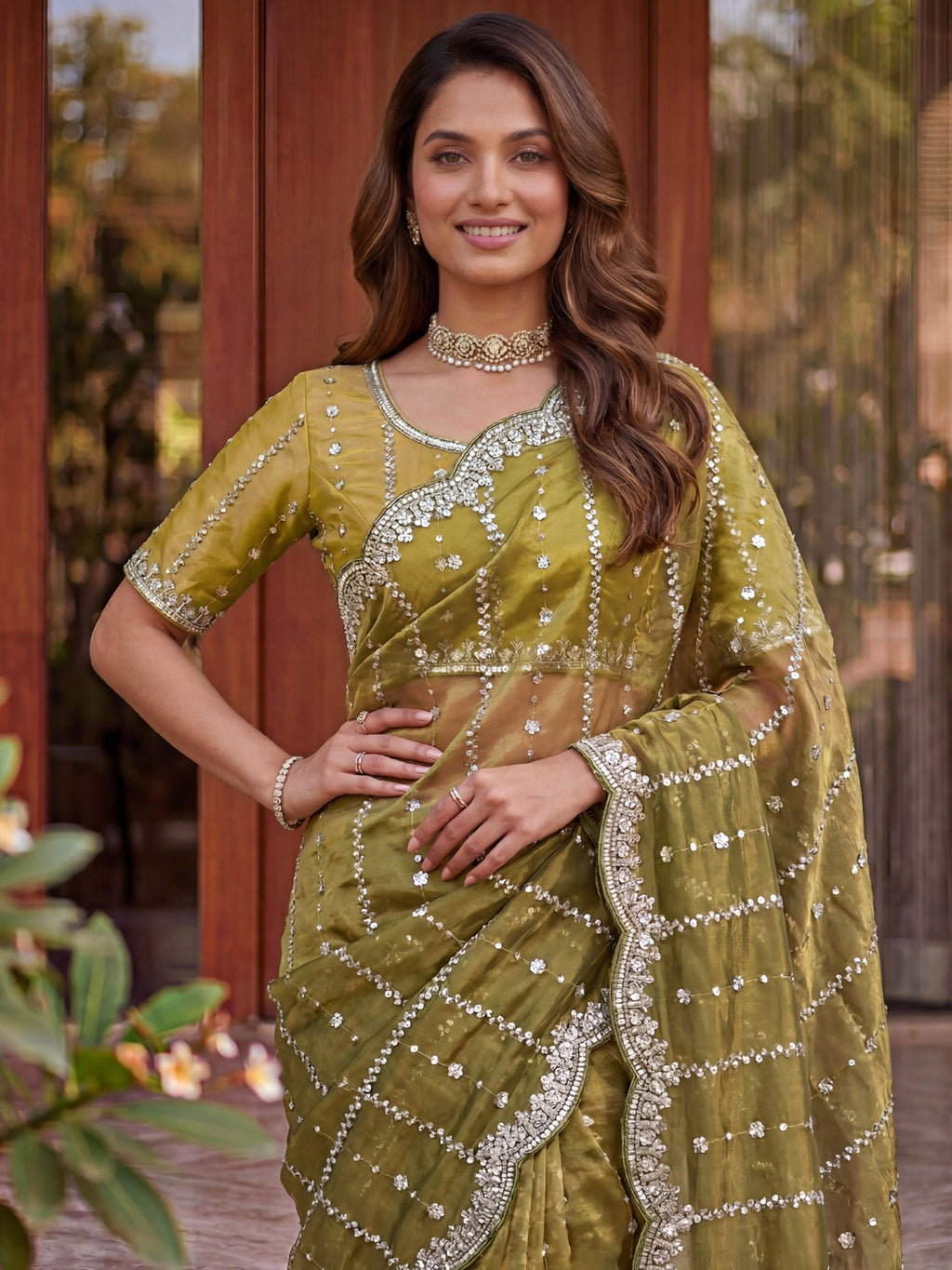 Olive Captivating Beads Work Satin Party Wear Saree With Blouse