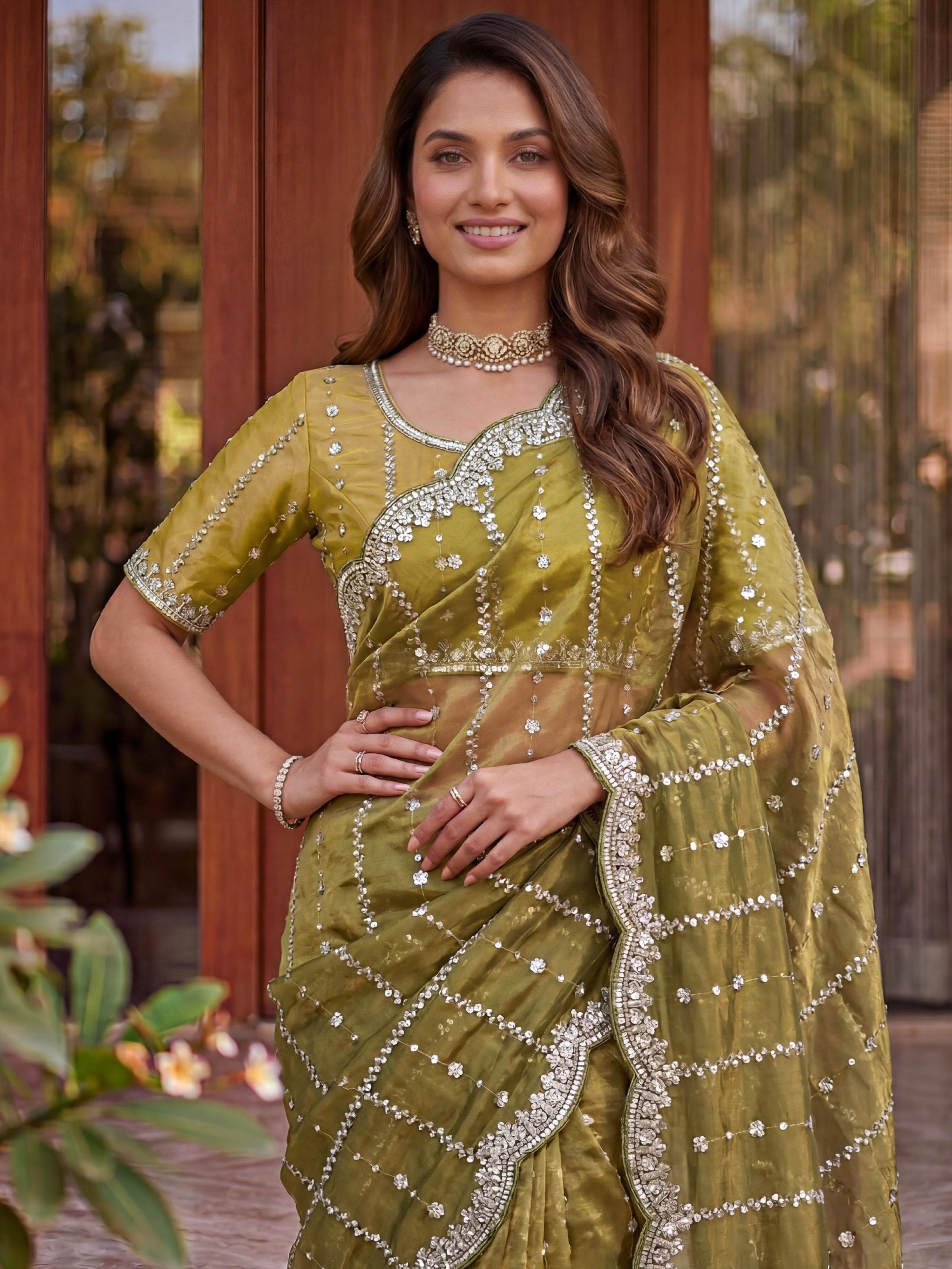 Olive Captivating Beads Work Satin Party Wear Saree With Blouse
