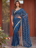 Rich Teal Blue Embroidered Satin Wedding Wear Saree With Blouse