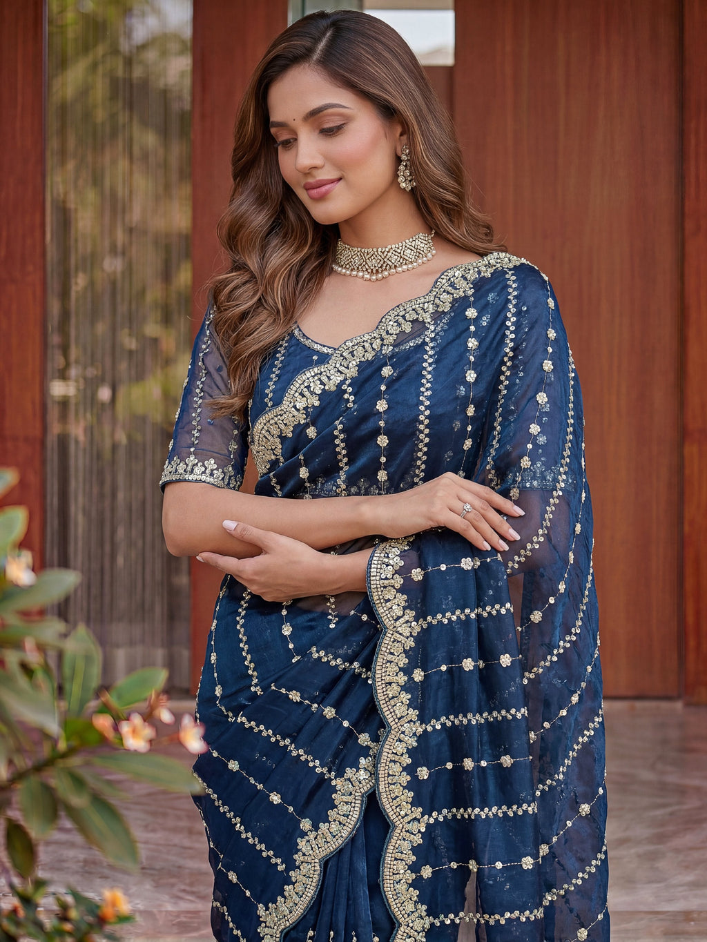 Rich Teal Blue Embroidered Satin Wedding Wear Saree With Blouse