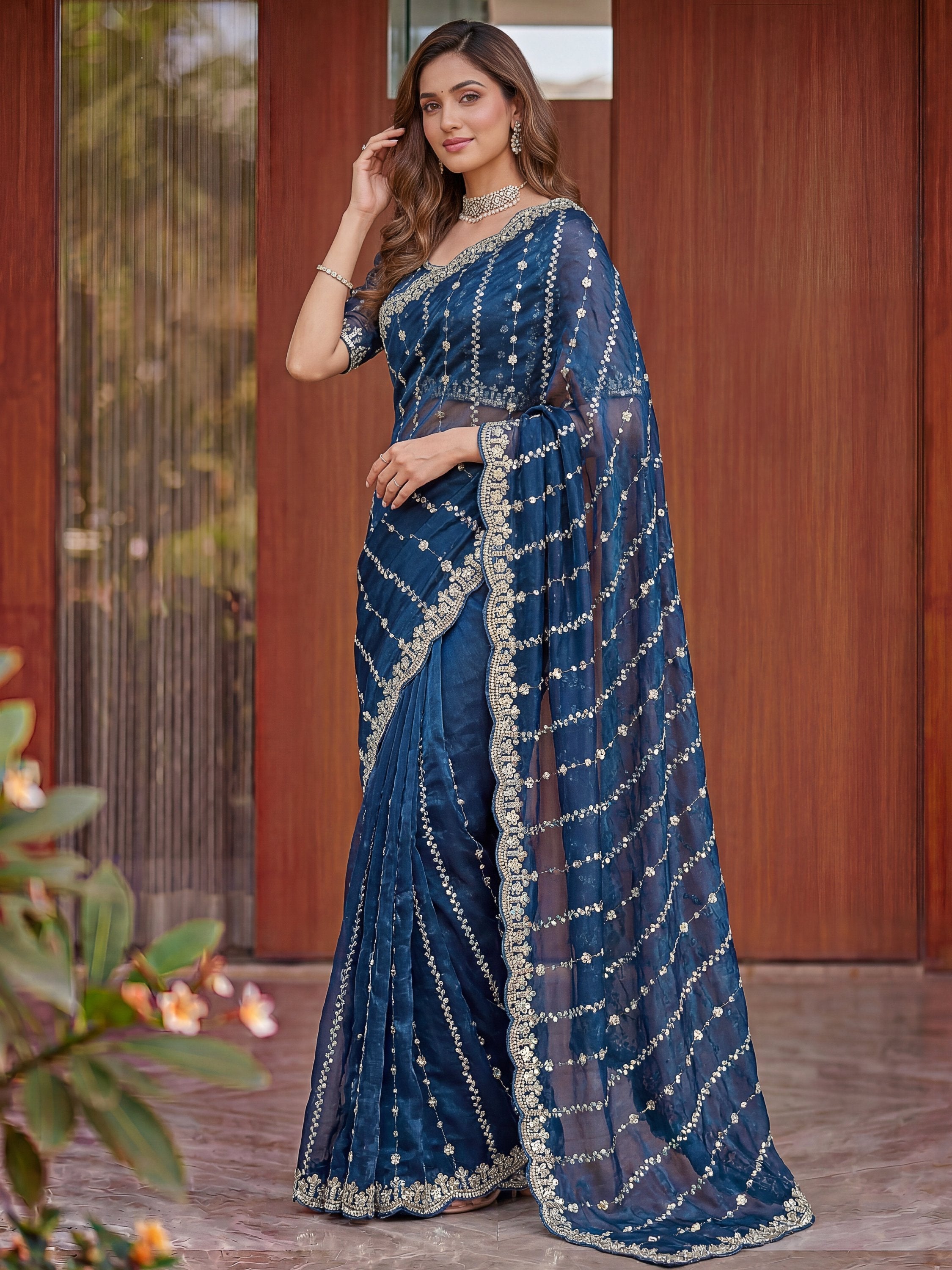 Rich Teal Blue Embroidered Satin Wedding Wear Saree With Blouse