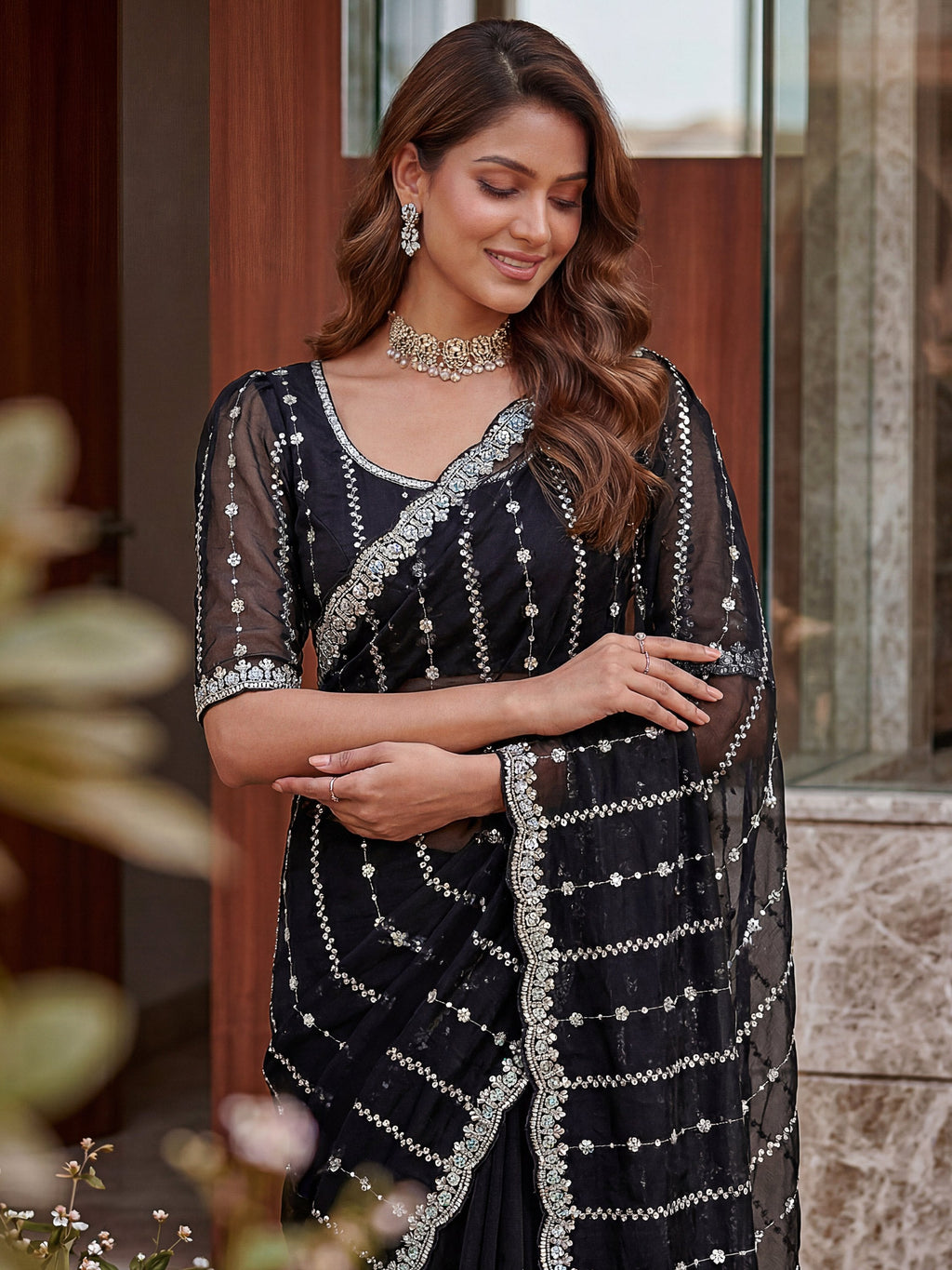 Captivating Black Bead Work Satin Party Wear Saree With Blouse