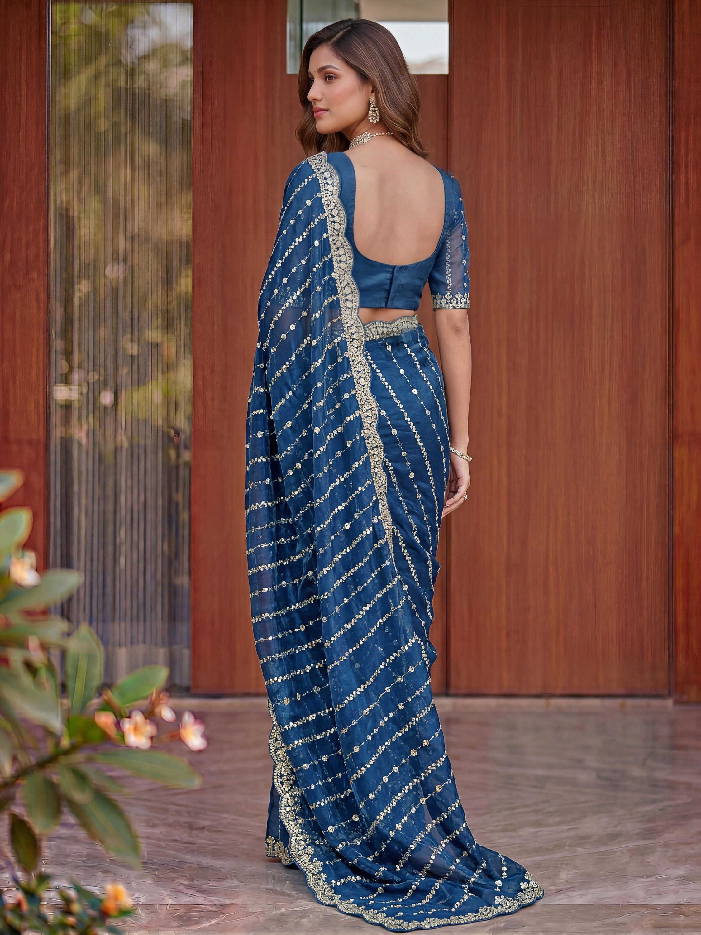 Rich Teal Blue Embroidered Satin Wedding Wear Saree With Blouse