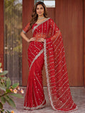 Fashionable Red Sequins Satin Bridal Saree With Blouse