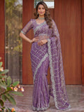 Magnetic Lavender Sequins Satin Engagement Wear Saree With Blouse