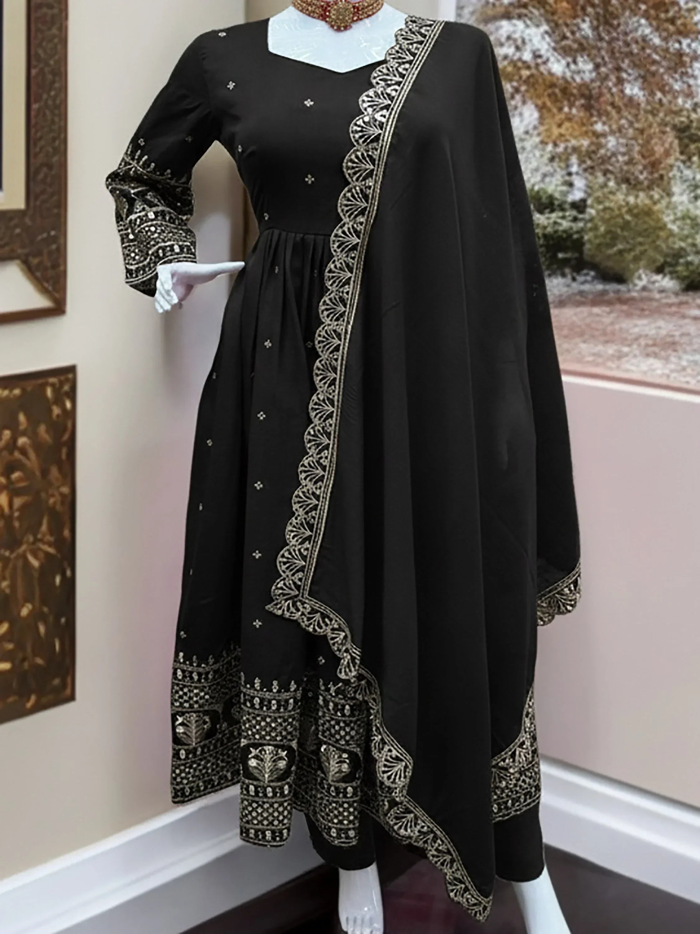Black Impressive Embroidered Silk Festive Wear Gown With Dupatta
