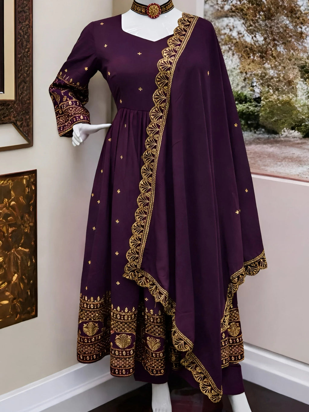 Purple Impressive Embroidered Silk Festive Wear Gown With Dupatta