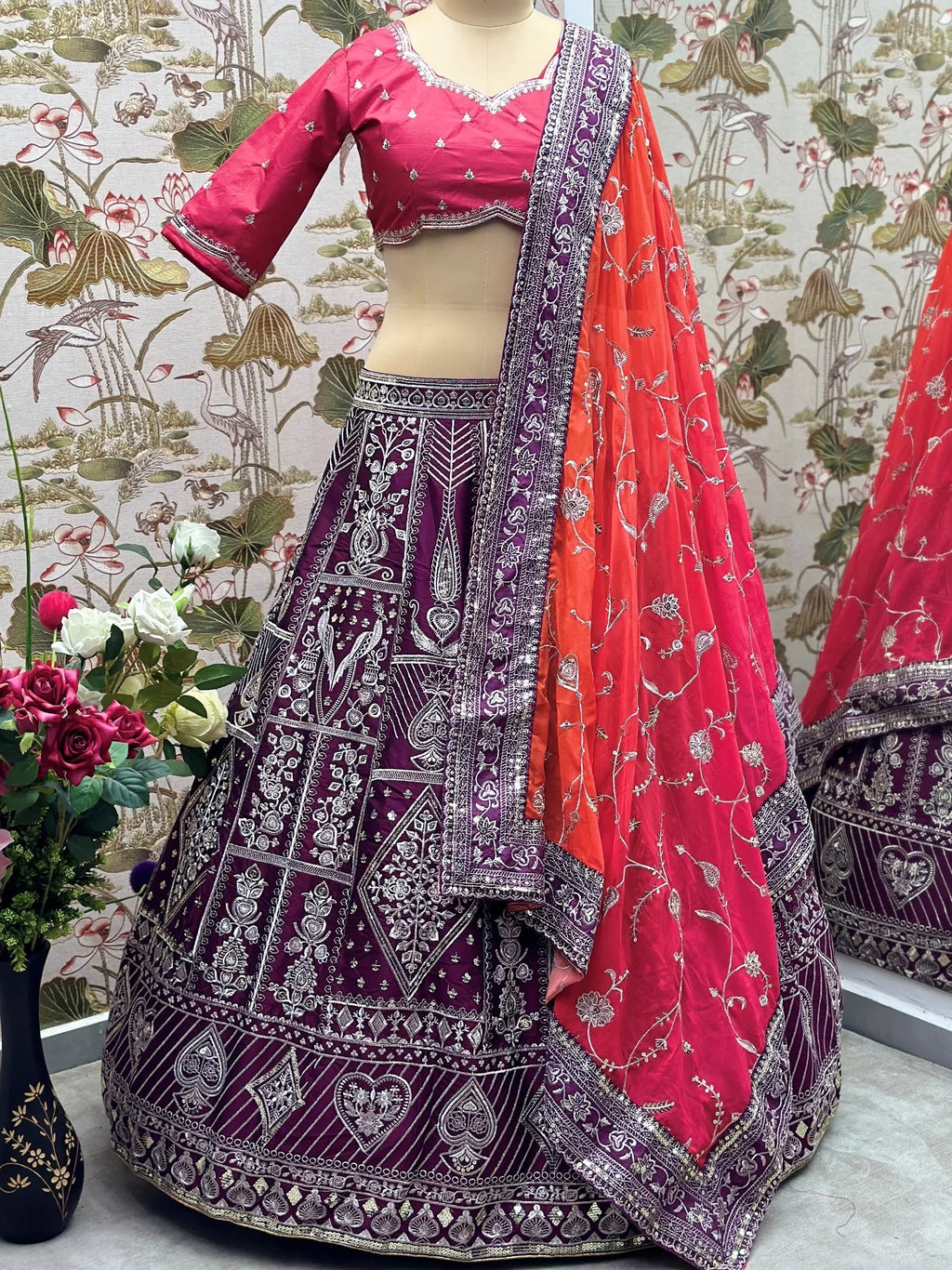 Enchanting Purple Sequins Silk Traditional Lehenga With Red Choli