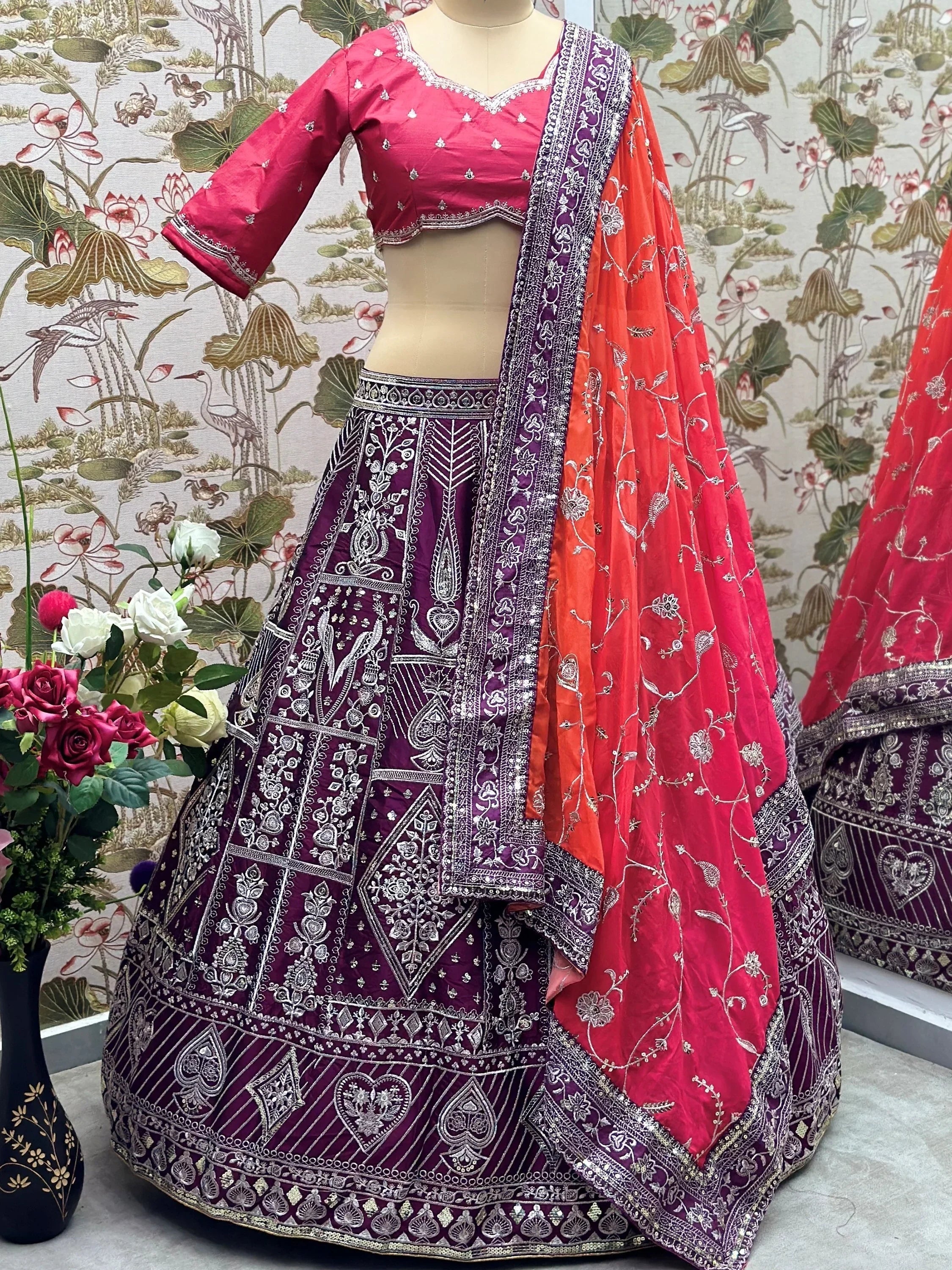 Enchanting Purple Sequins Silk Traditional Lehenga With Red Choli