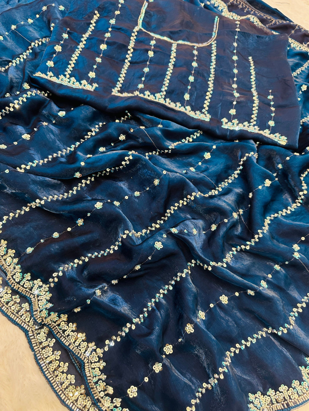 Rich Teal Blue Embroidered Satin Wedding Wear Saree With Blouse