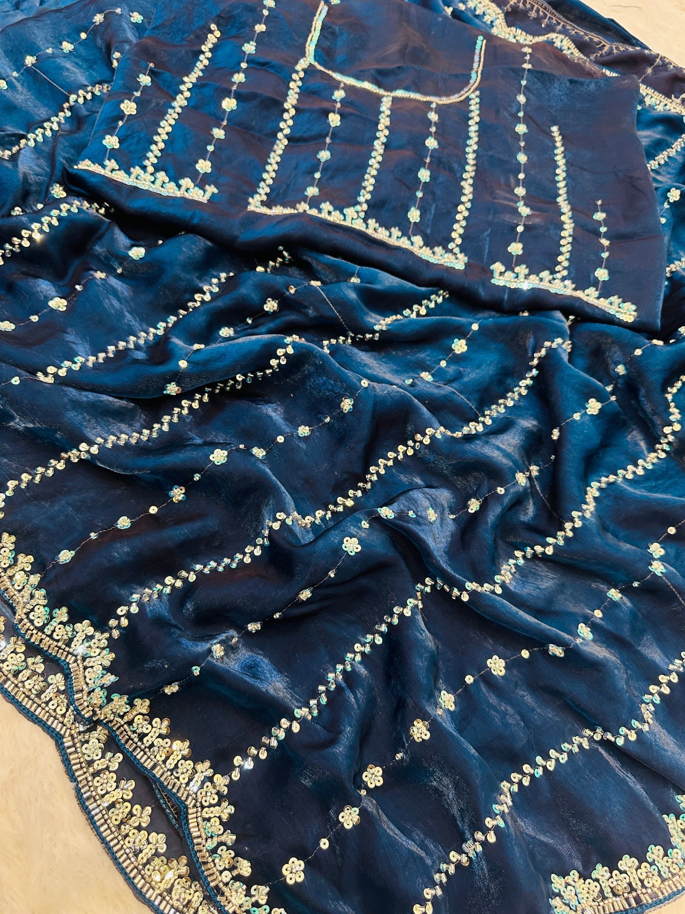 Rich Teal Blue Embroidered Satin Wedding Wear Saree With Blouse