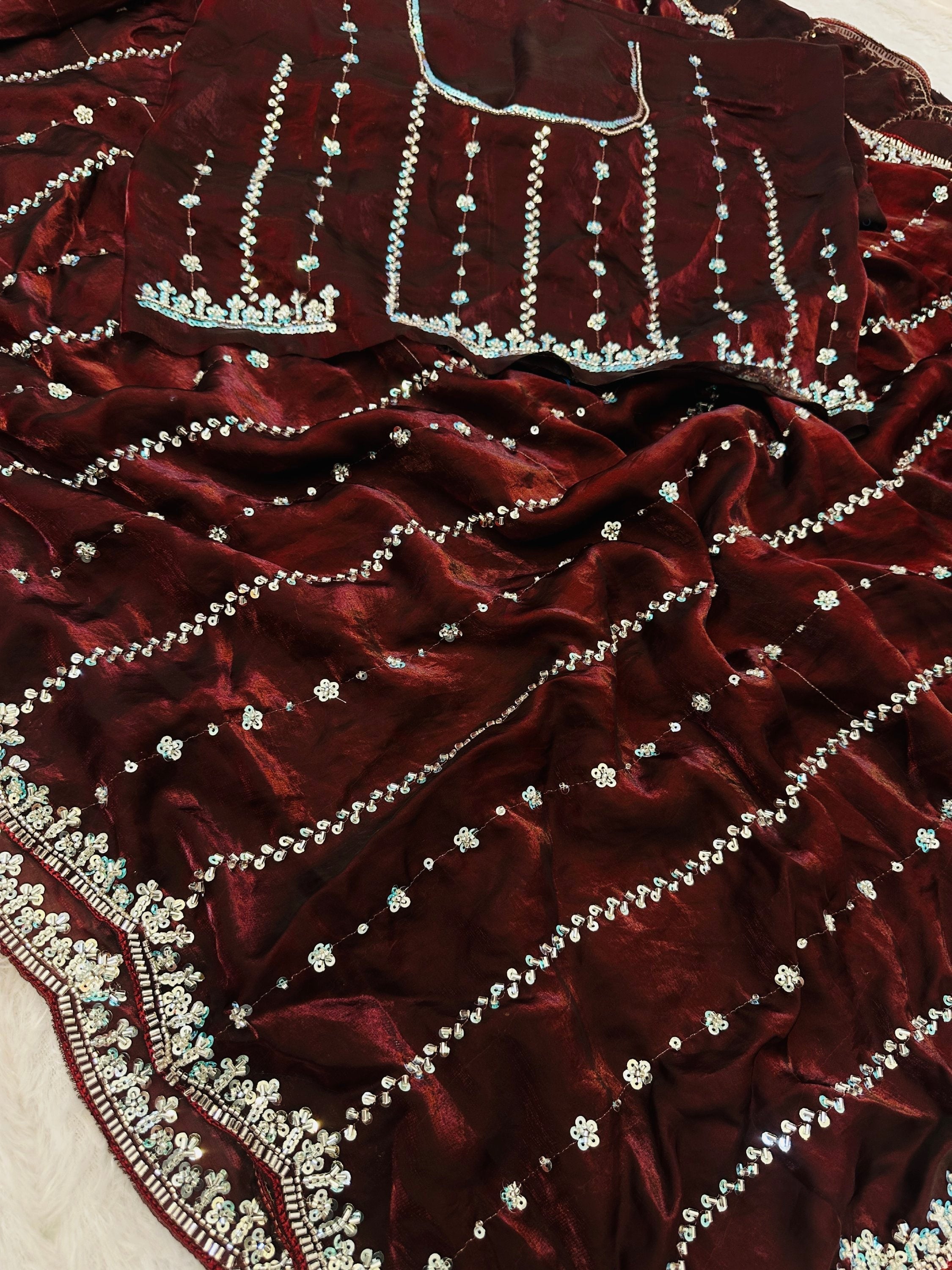 Wonderful Brown Bead Embroidery Satin Party Wear Saree With Blouse