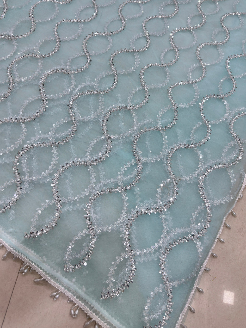 Sky Blue Gorgeous Bead Work Net Engagement Wear Saree With Blouse