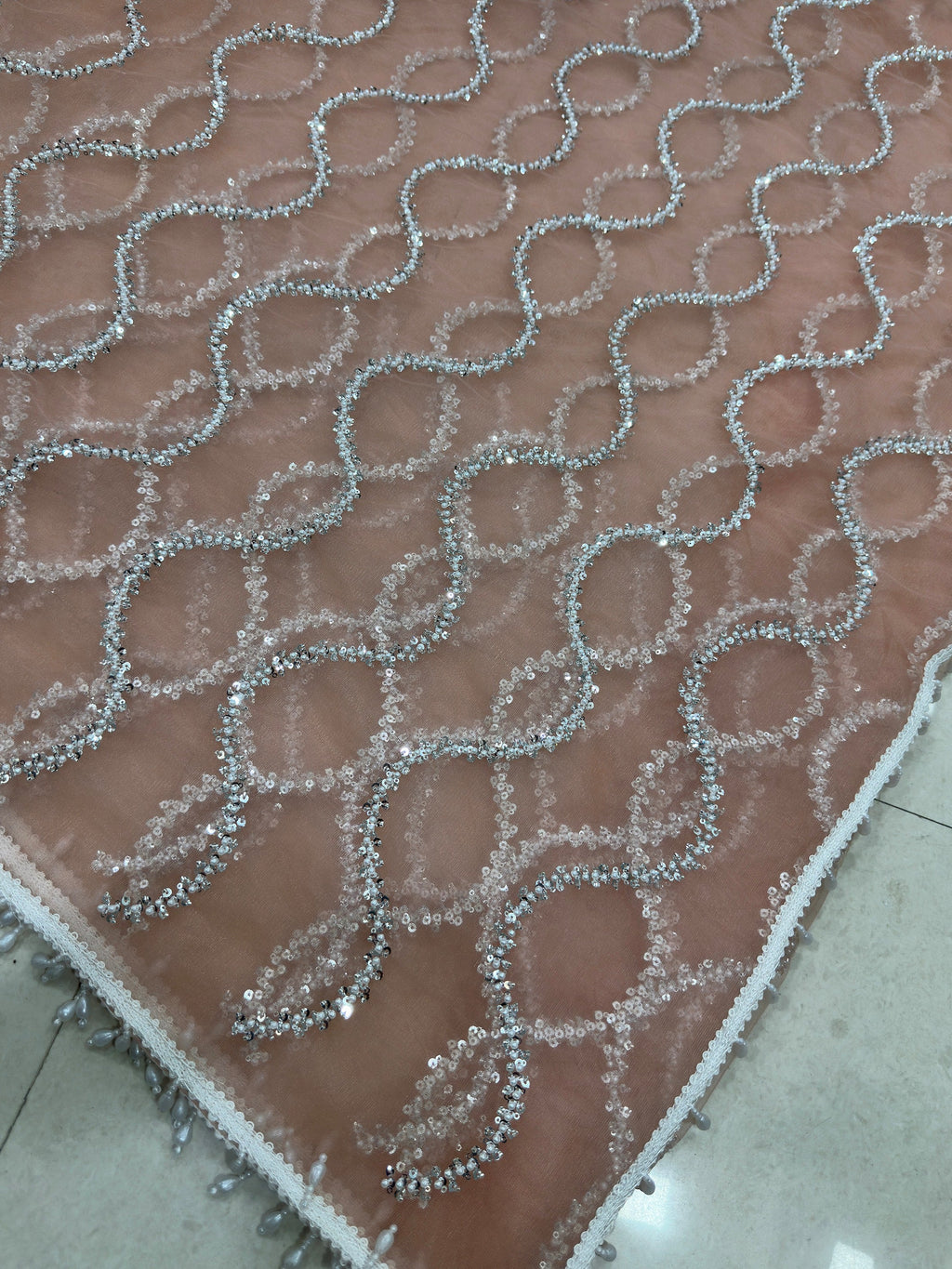 Peach Gorgeous Bead Work Net Engagement Wear Saree With Blouse