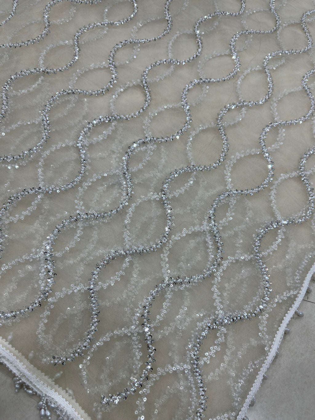 Off White Gorgeous Bead Work Net Engagement Wear Saree With Blouse