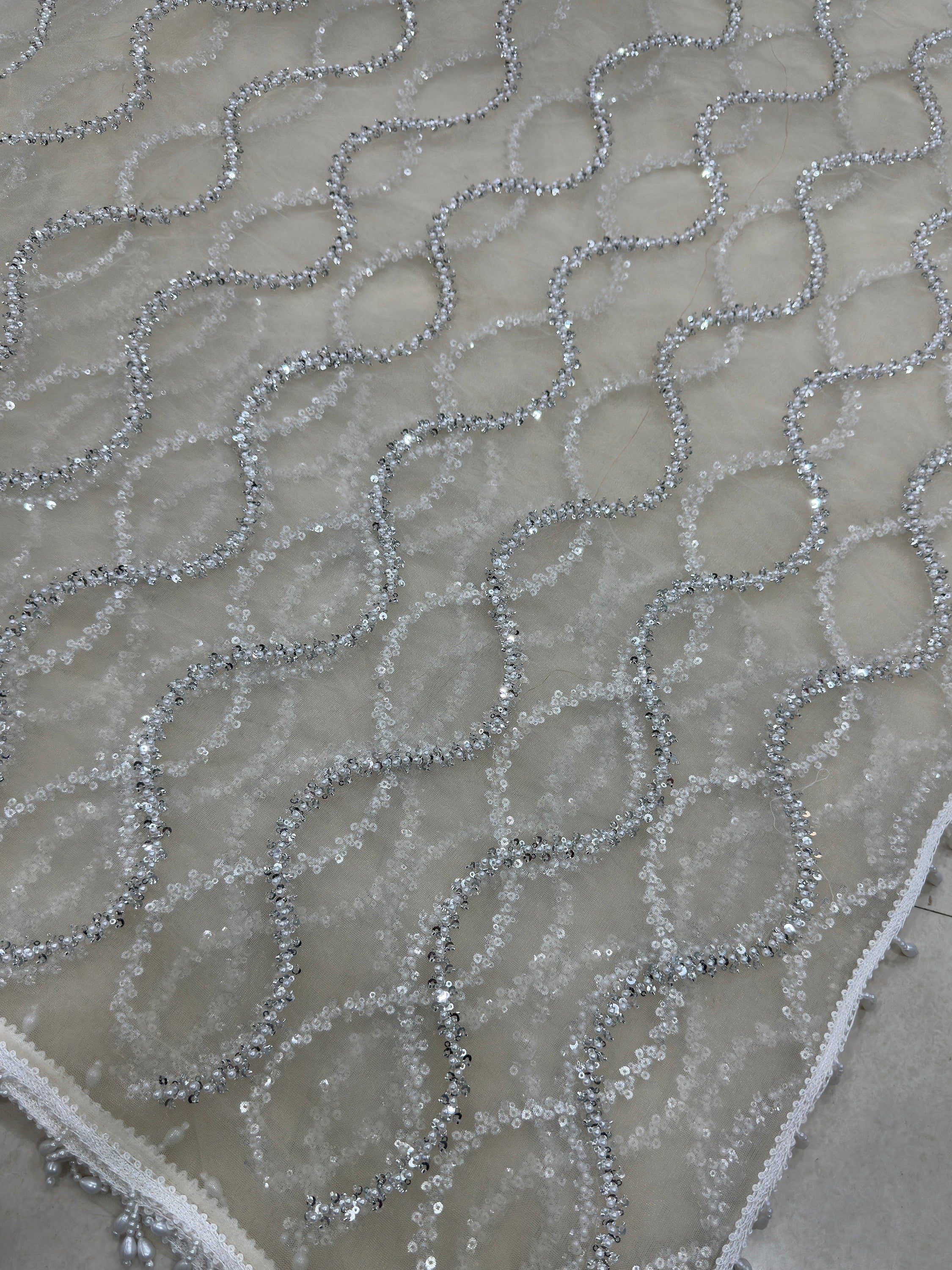 Off White Gorgeous Bead Work Net Engagement Wear Saree With Blouse