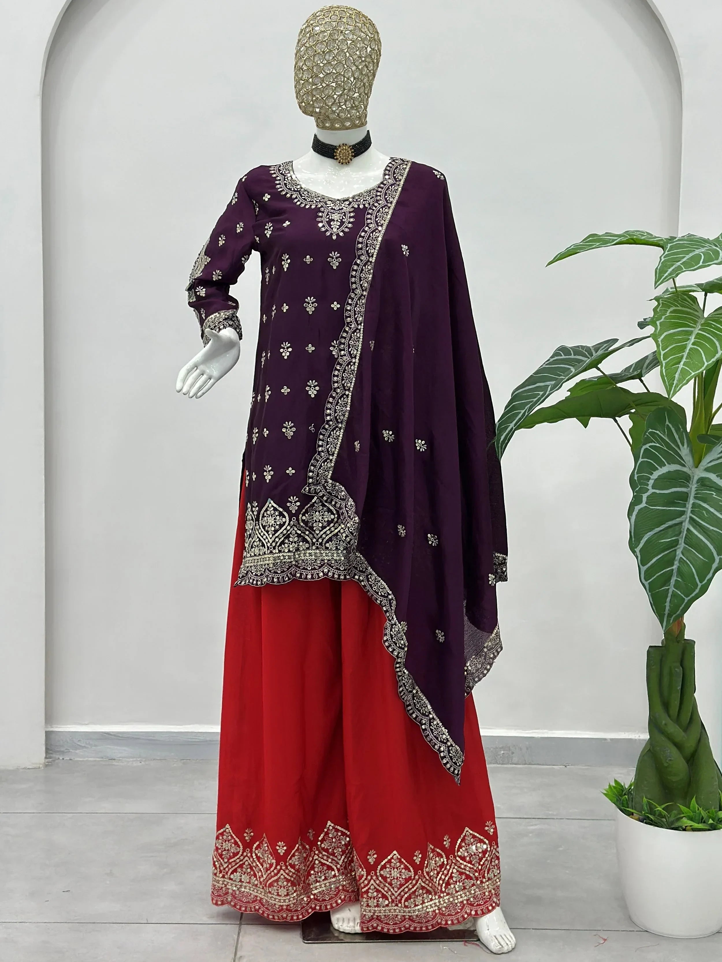 Purple Elegant Embroidered Chinon Festival Wear Palazzo Suit