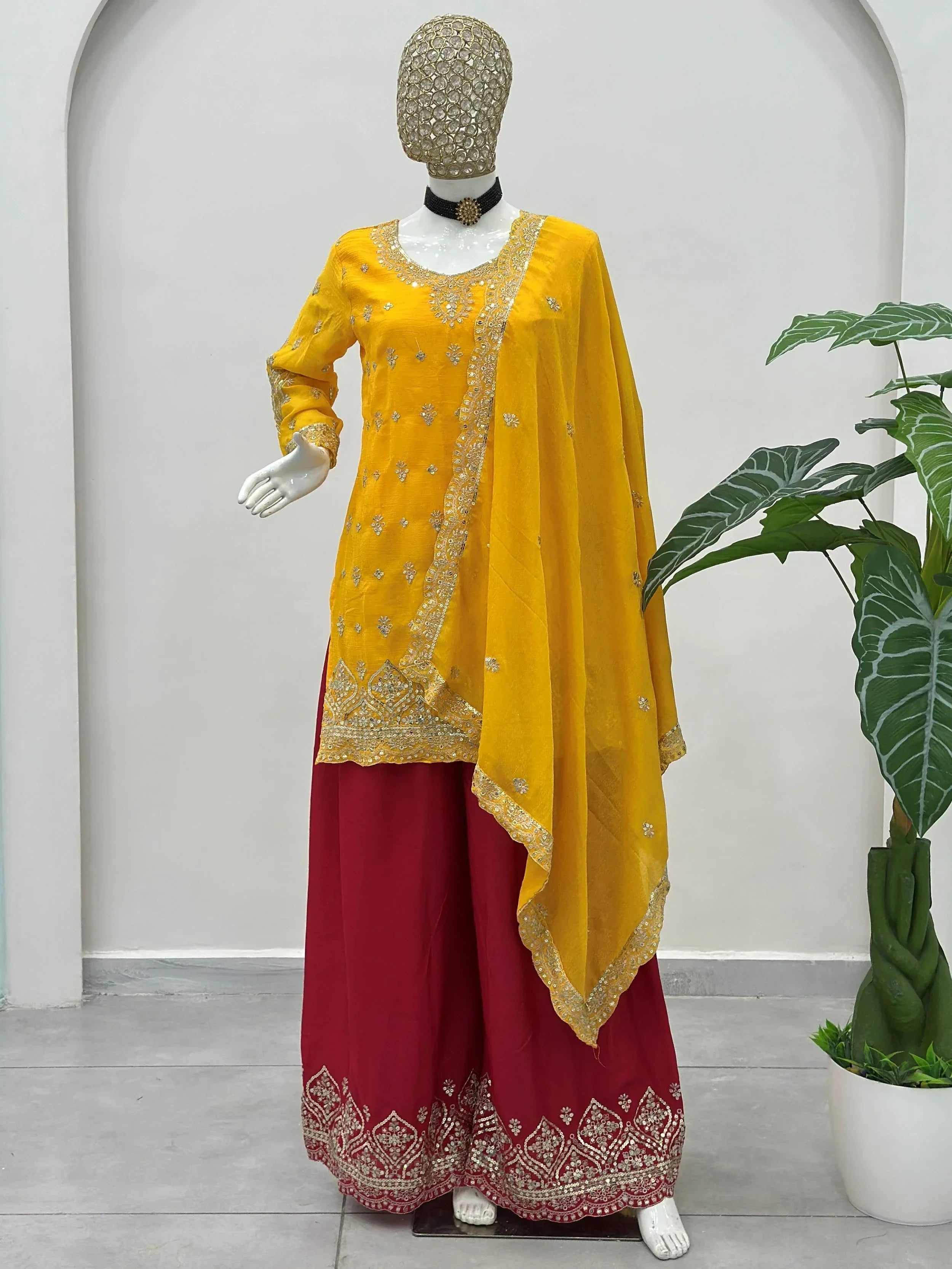 Yellow Elegant Embroidered Chinon Festival Wear Palazzo Suit