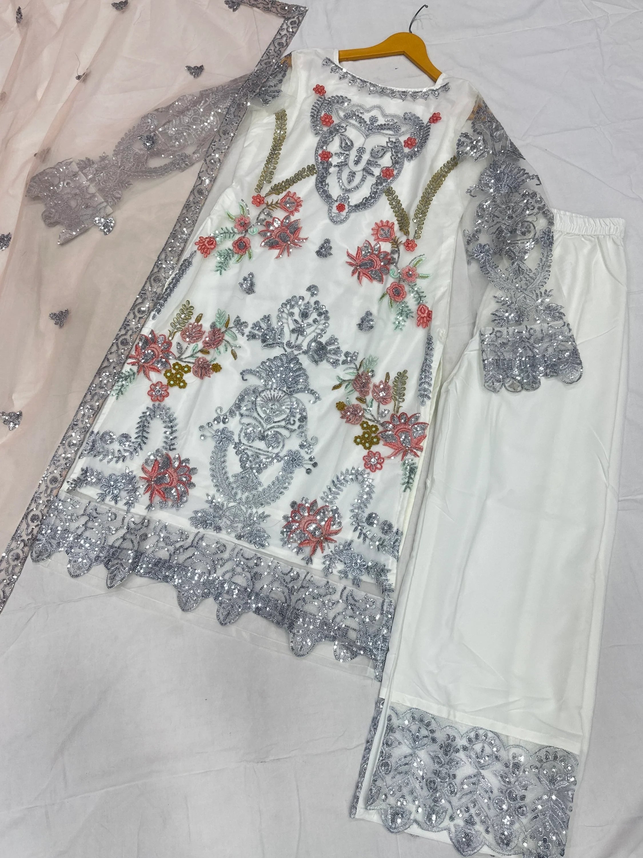 Glorious Off-White Sequins Embroidery Net Festive Special Pant Suit