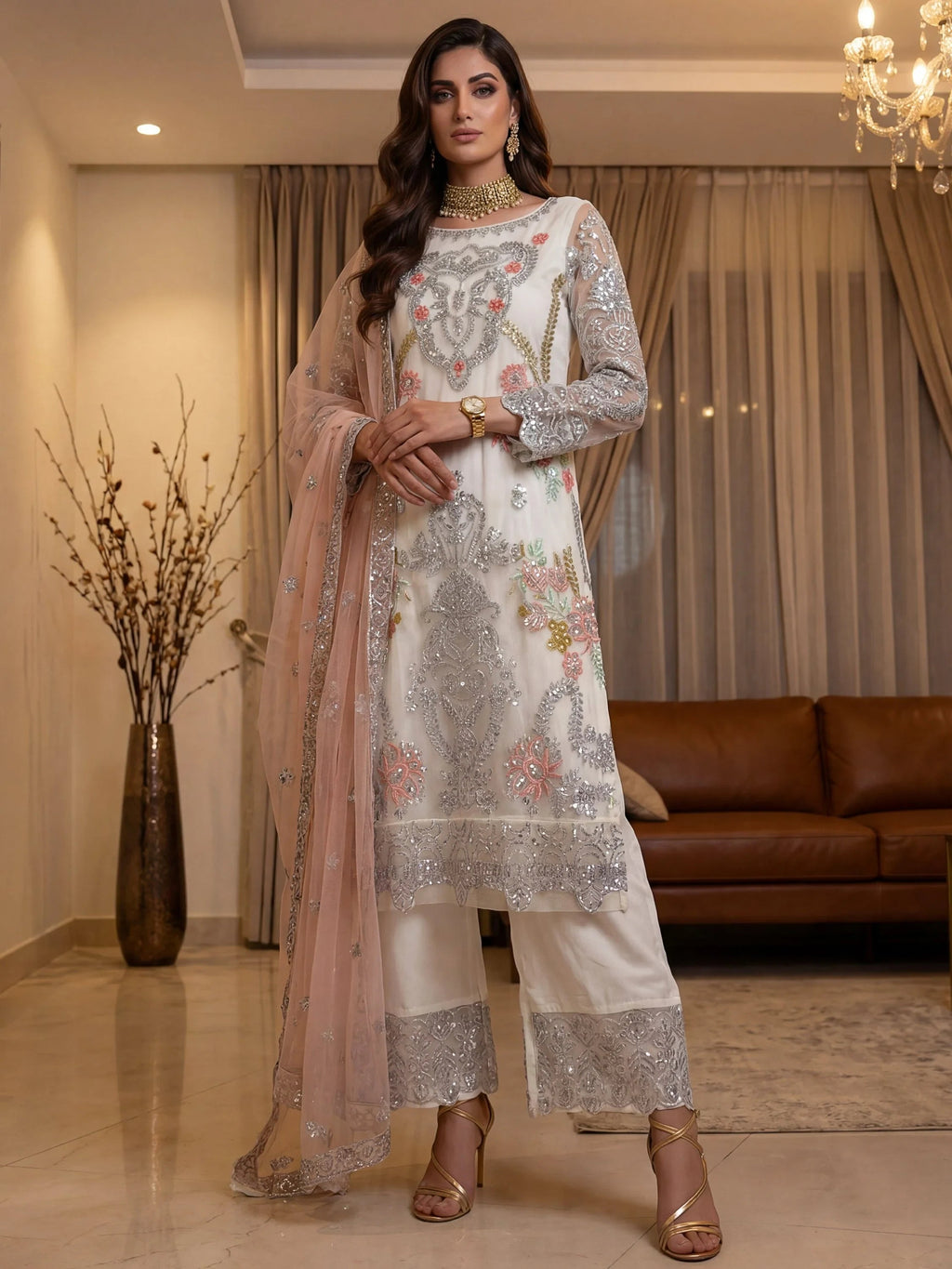Glorious Off-White Sequins Embroidery Net Festive Special Pant Suit