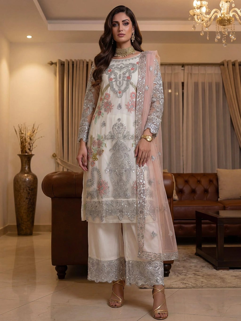 Glorious Off-White Sequins Embroidery Net Festive Special Pant Suit