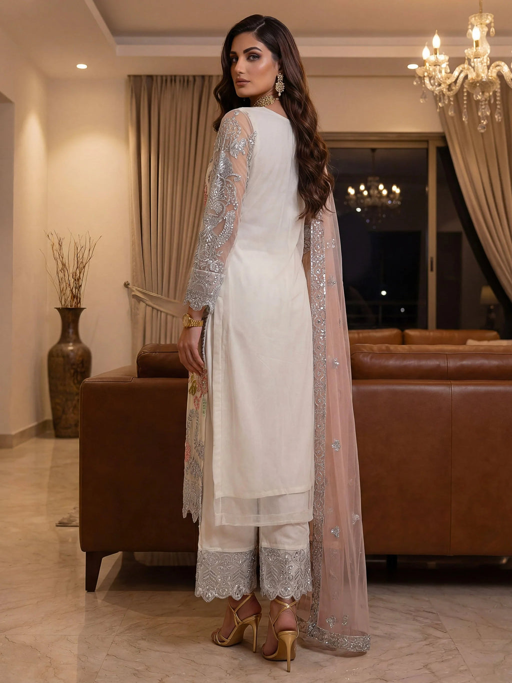 Glorious Off-White Sequins Embroidery Net Festive Special Pant Suit