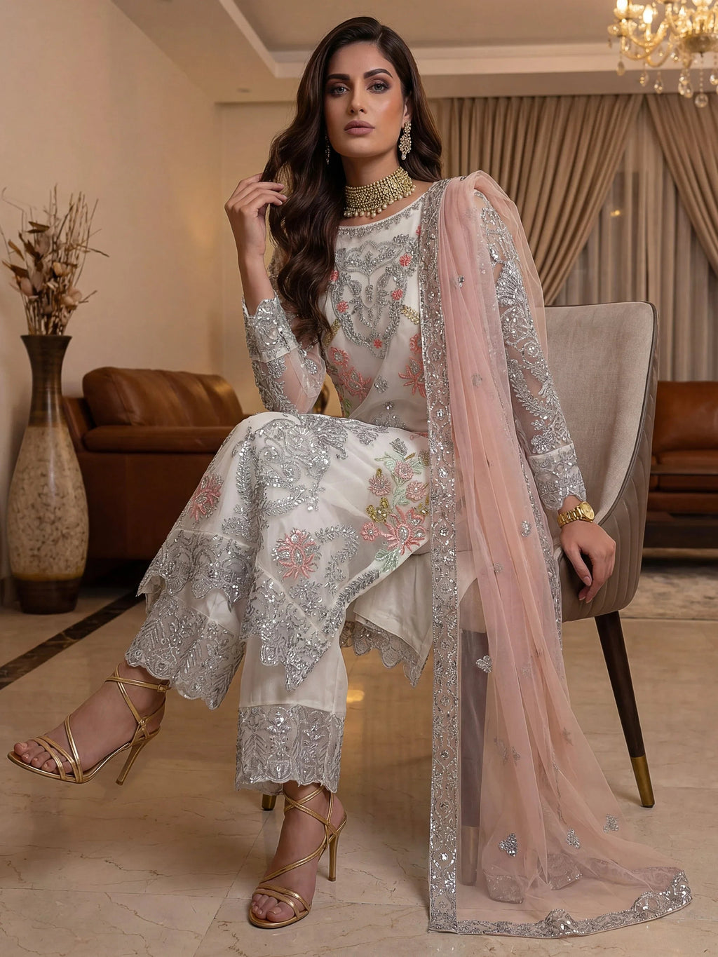 Glorious Off-White Sequins Embroidery Net Festive Special Pant Suit