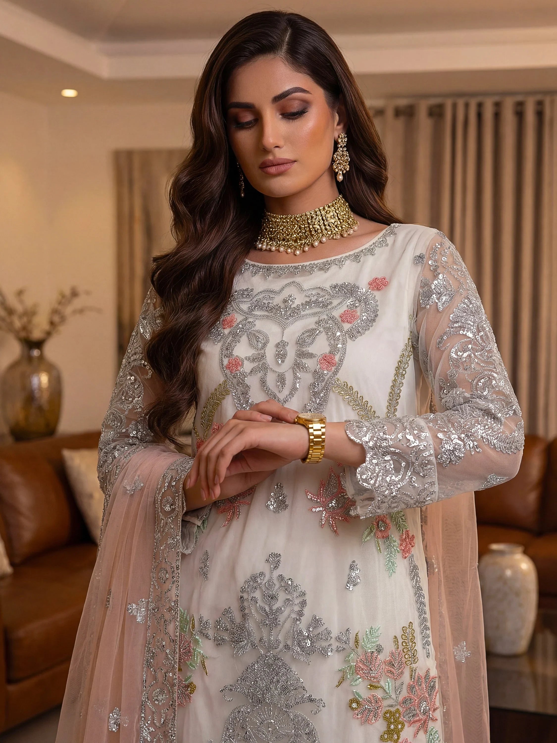 Glorious Off-White Sequins Embroidery Net Festive Special Pant Suit