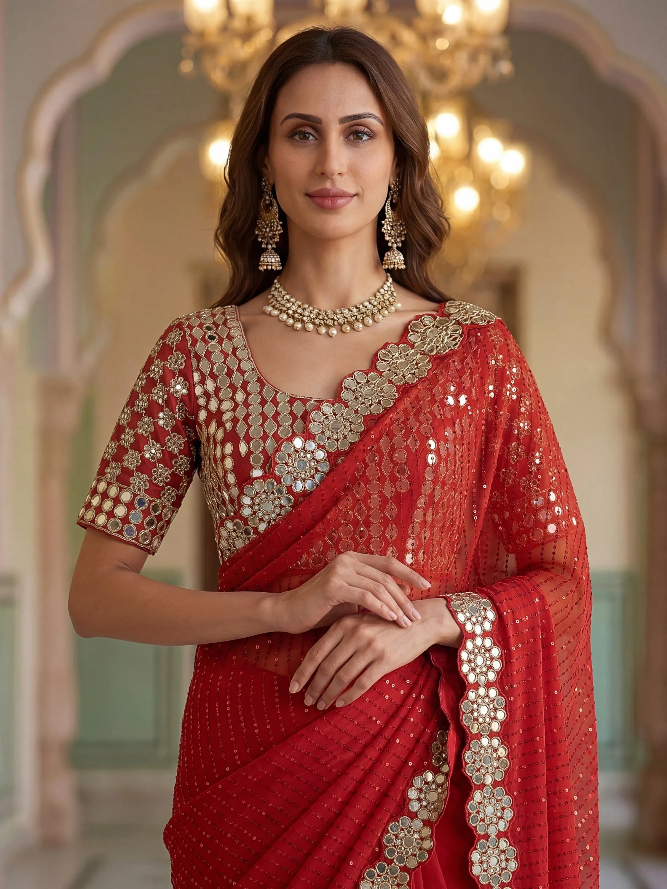 Red Sparkling Real Mirror Border Georgette Bridal Saree With Blouse
