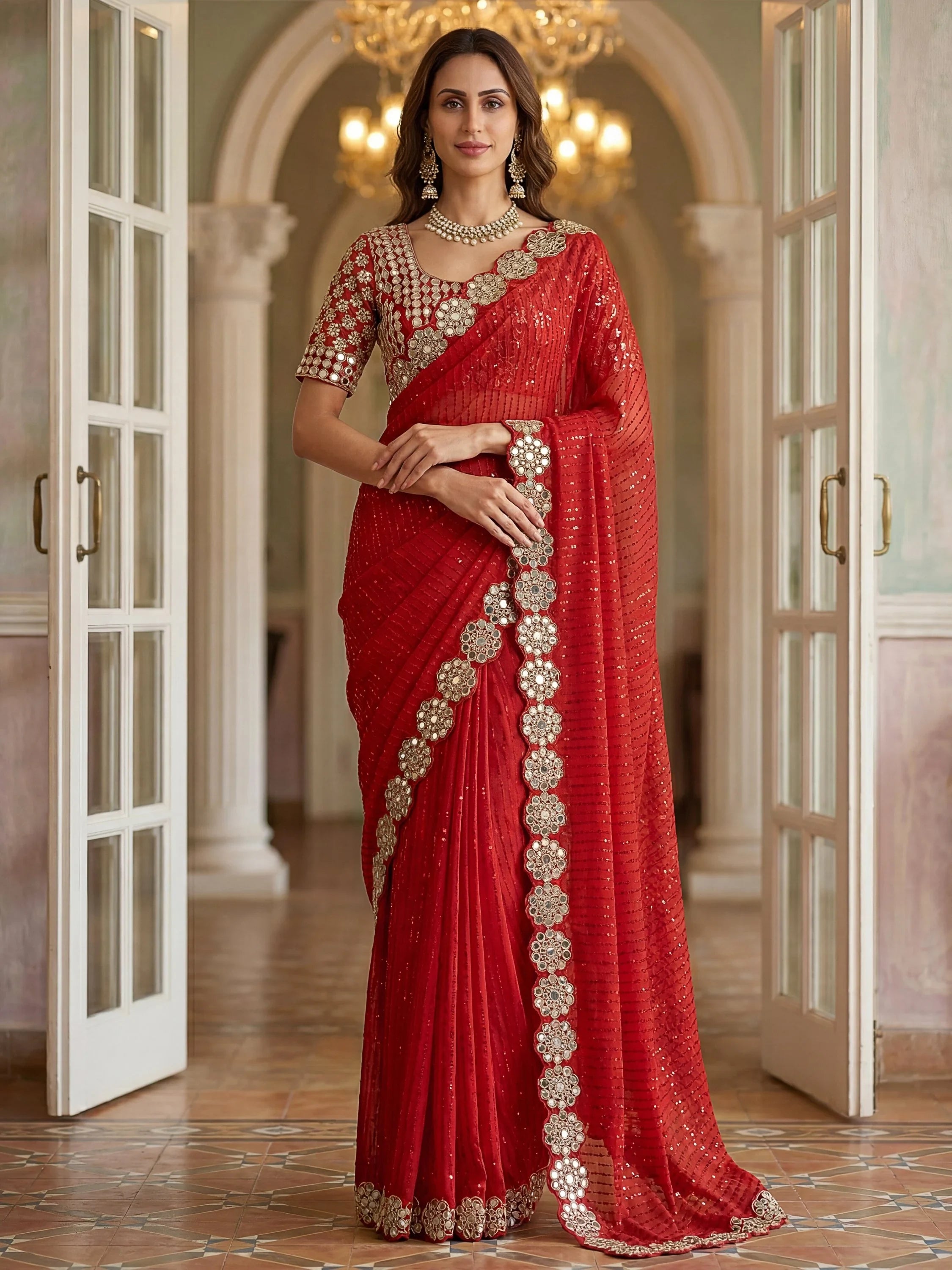 Red Sparkling Real Mirror Border Georgette Bridal Saree With Blouse