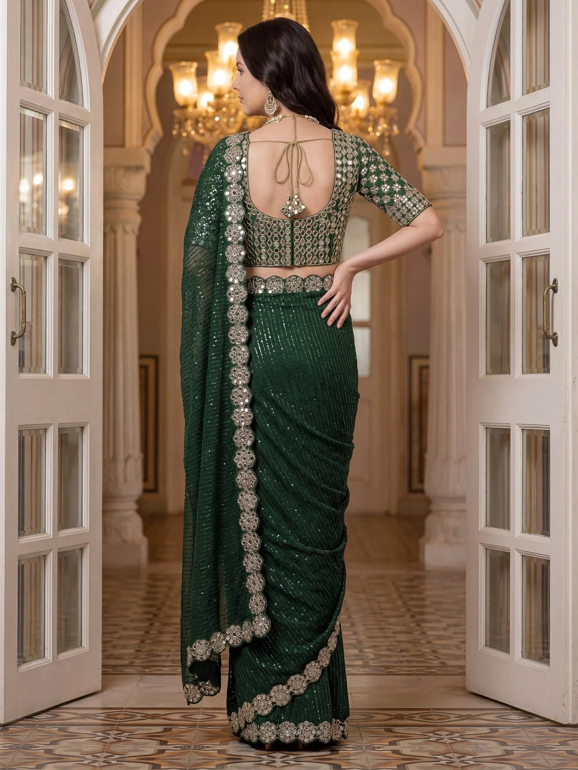 Green Sparkling Real Mirror Border Georgette Bridal Saree With Blouse