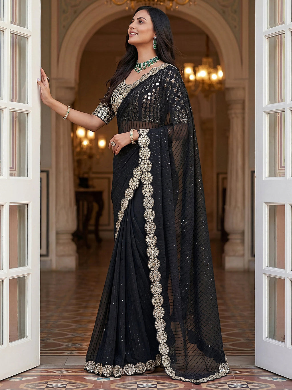 Black Sparkling Real Mirror Border Georgette Bridal Saree With Blouse