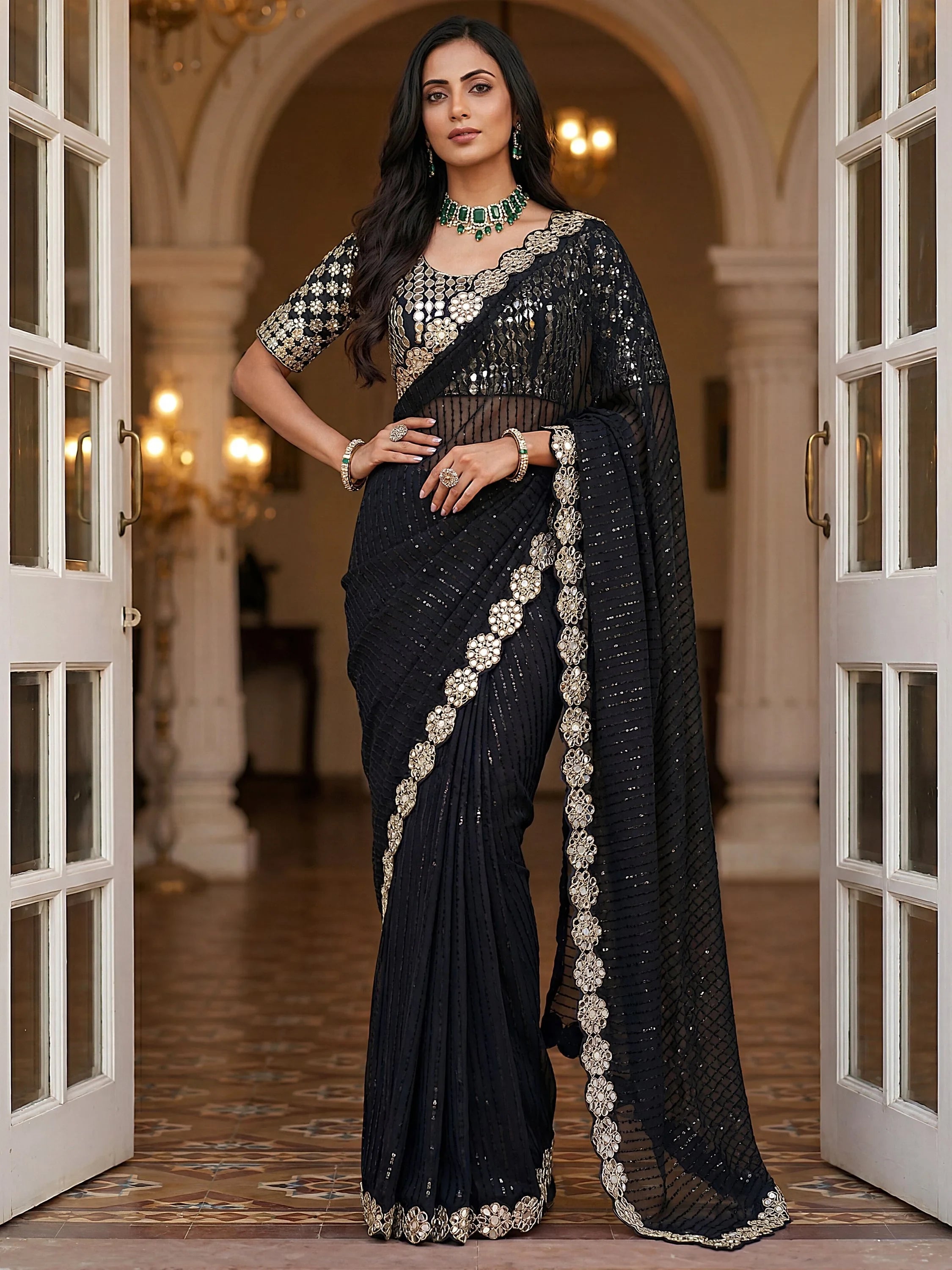 Black Sparkling Real Mirror Border Georgette Bridal Saree With Blouse