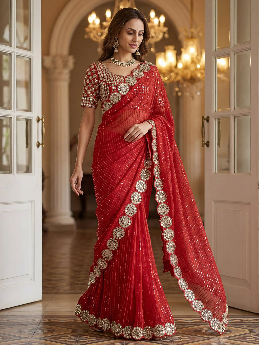 Red Sparkling Real Mirror Border Georgette Bridal Saree With Blouse