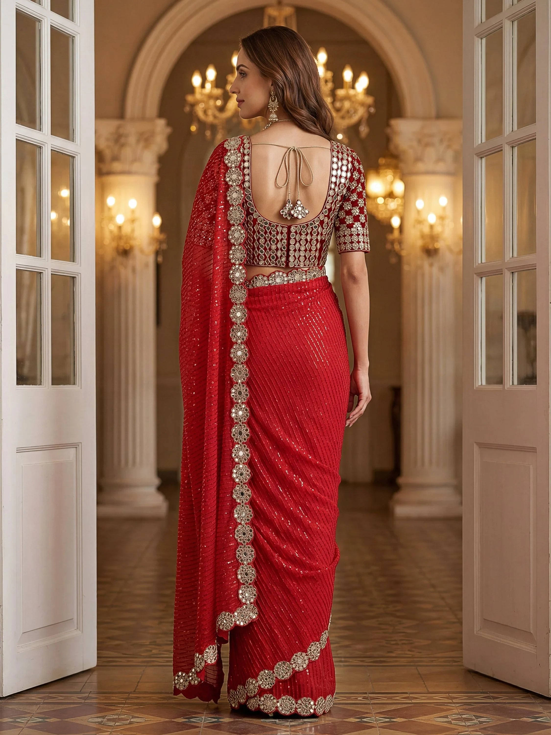 Red Sparkling Real Mirror Border Georgette Bridal Saree With Blouse