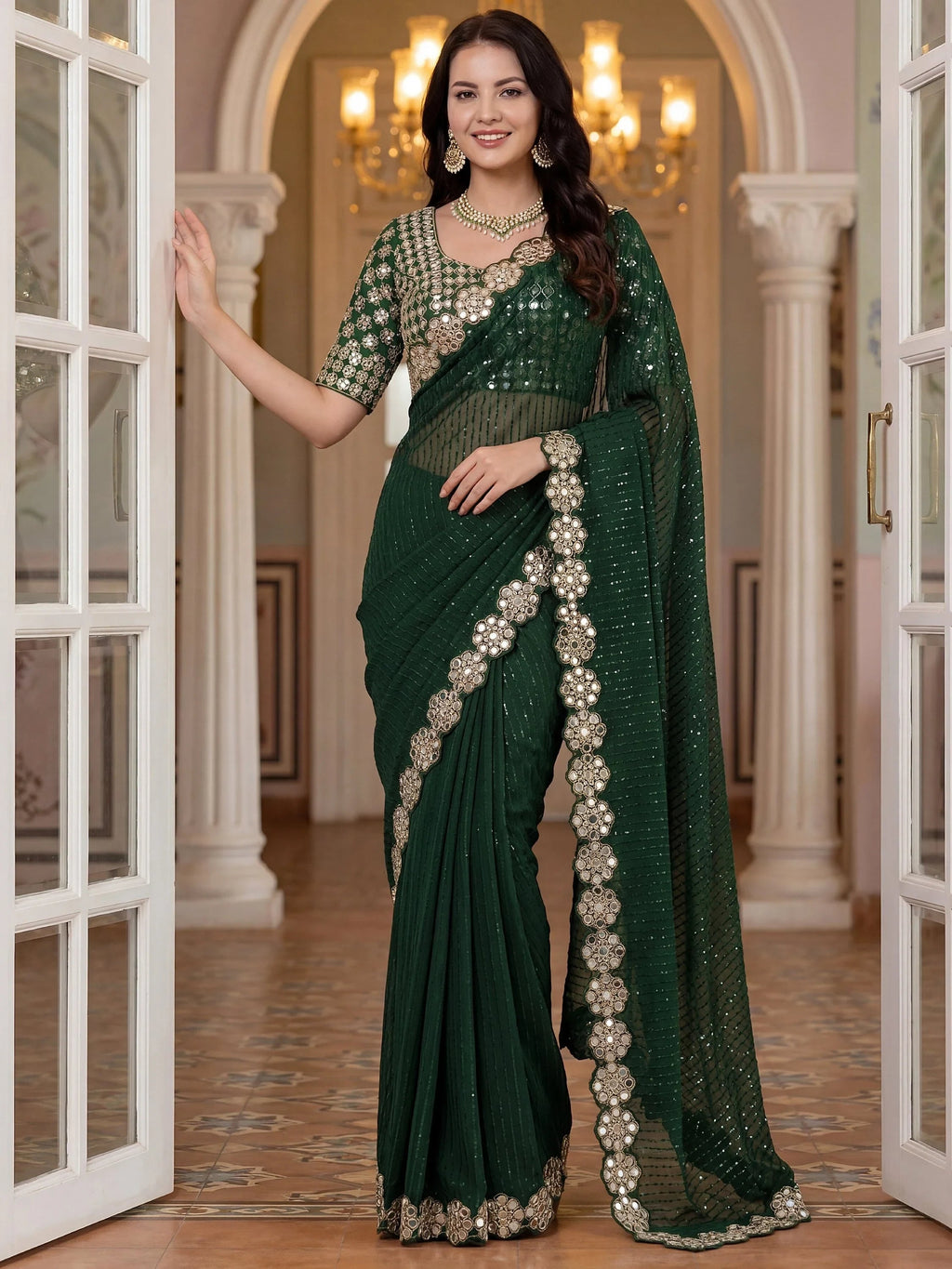 Green Sparkling Real Mirror Border Georgette Bridal Saree With Blouse