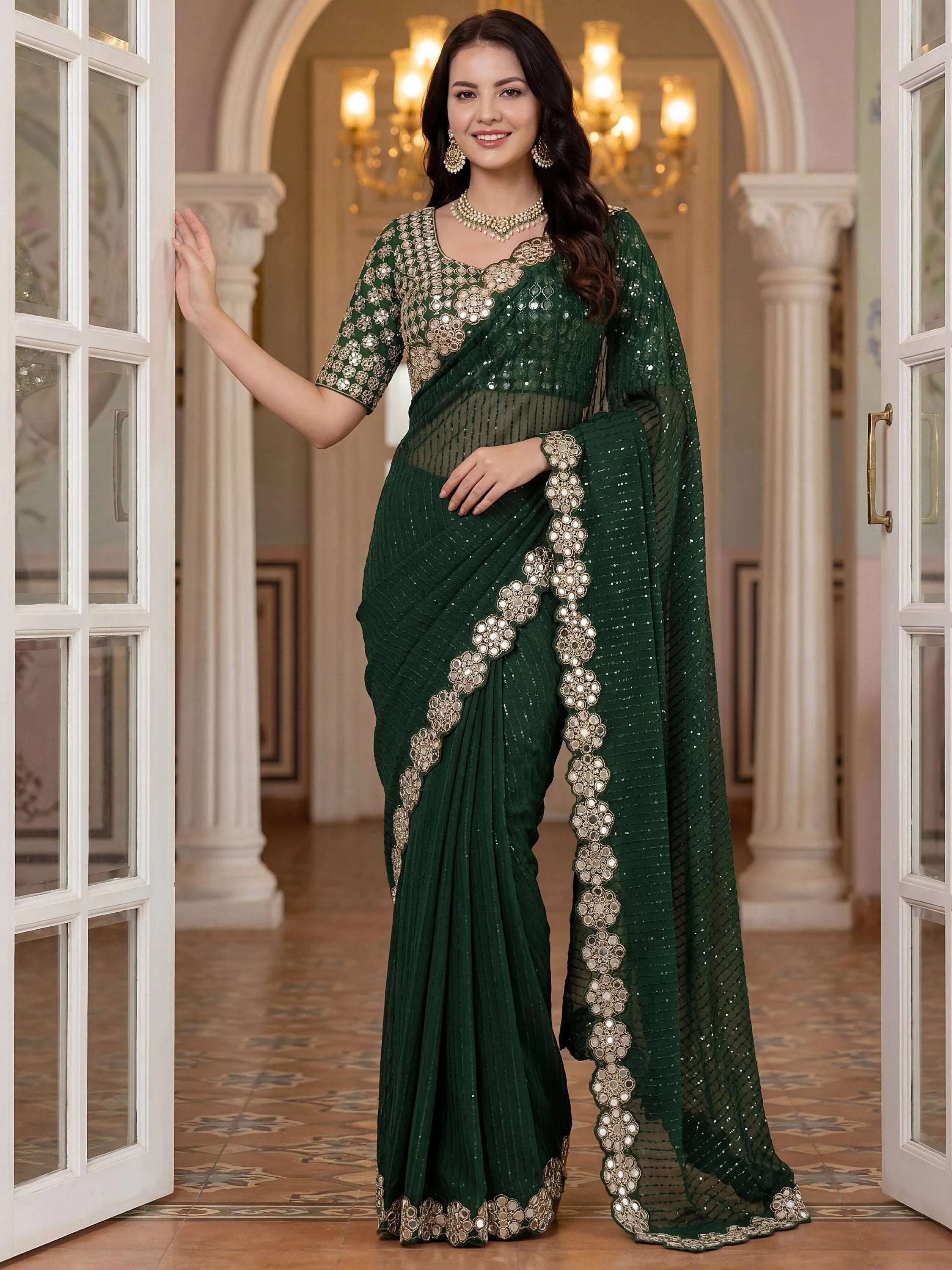 Green Sparkling Real Mirror Border Georgette Bridal Saree With Blouse