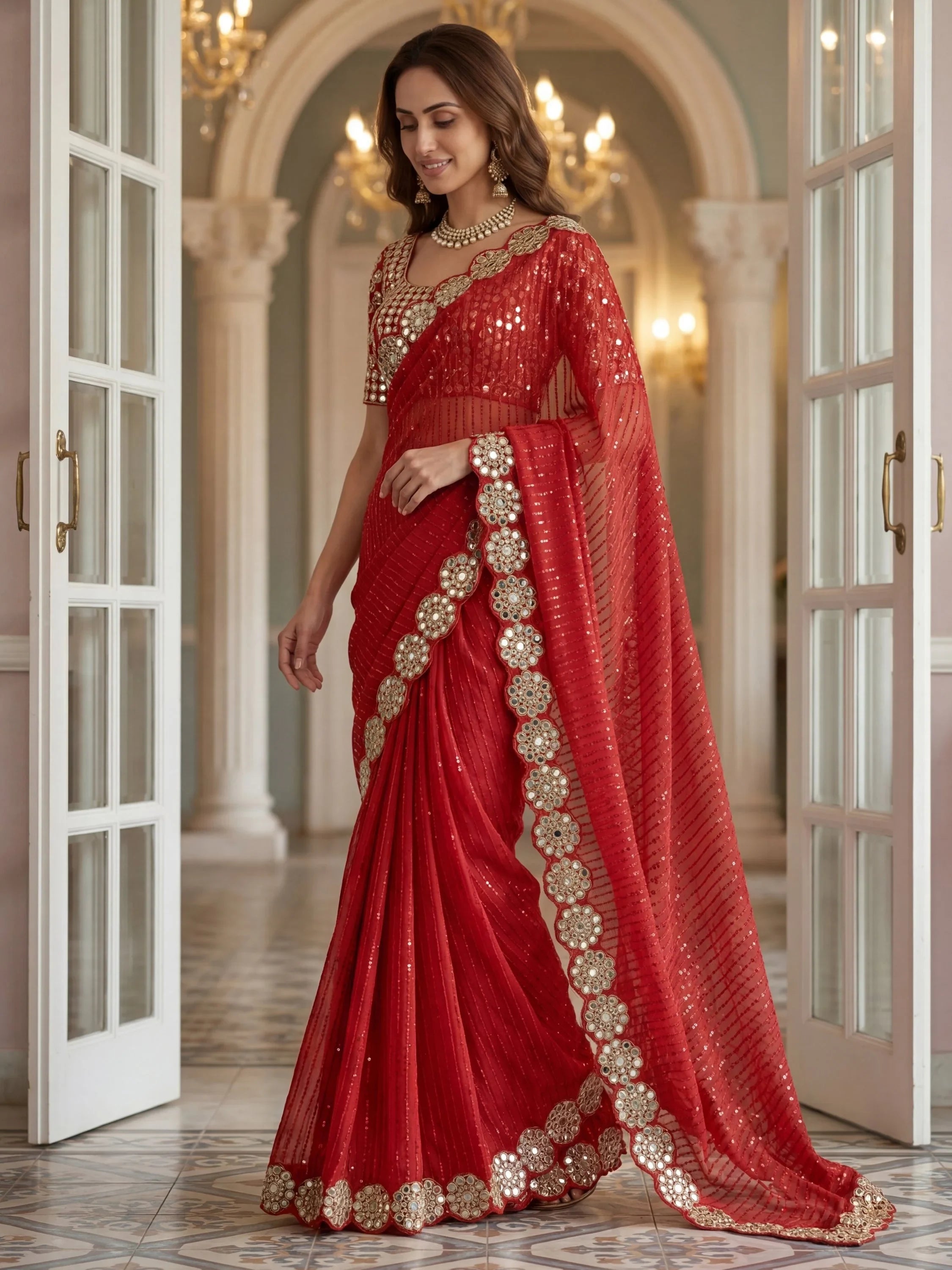 Red Sparkling Real Mirror Border Georgette Bridal Saree With Blouse