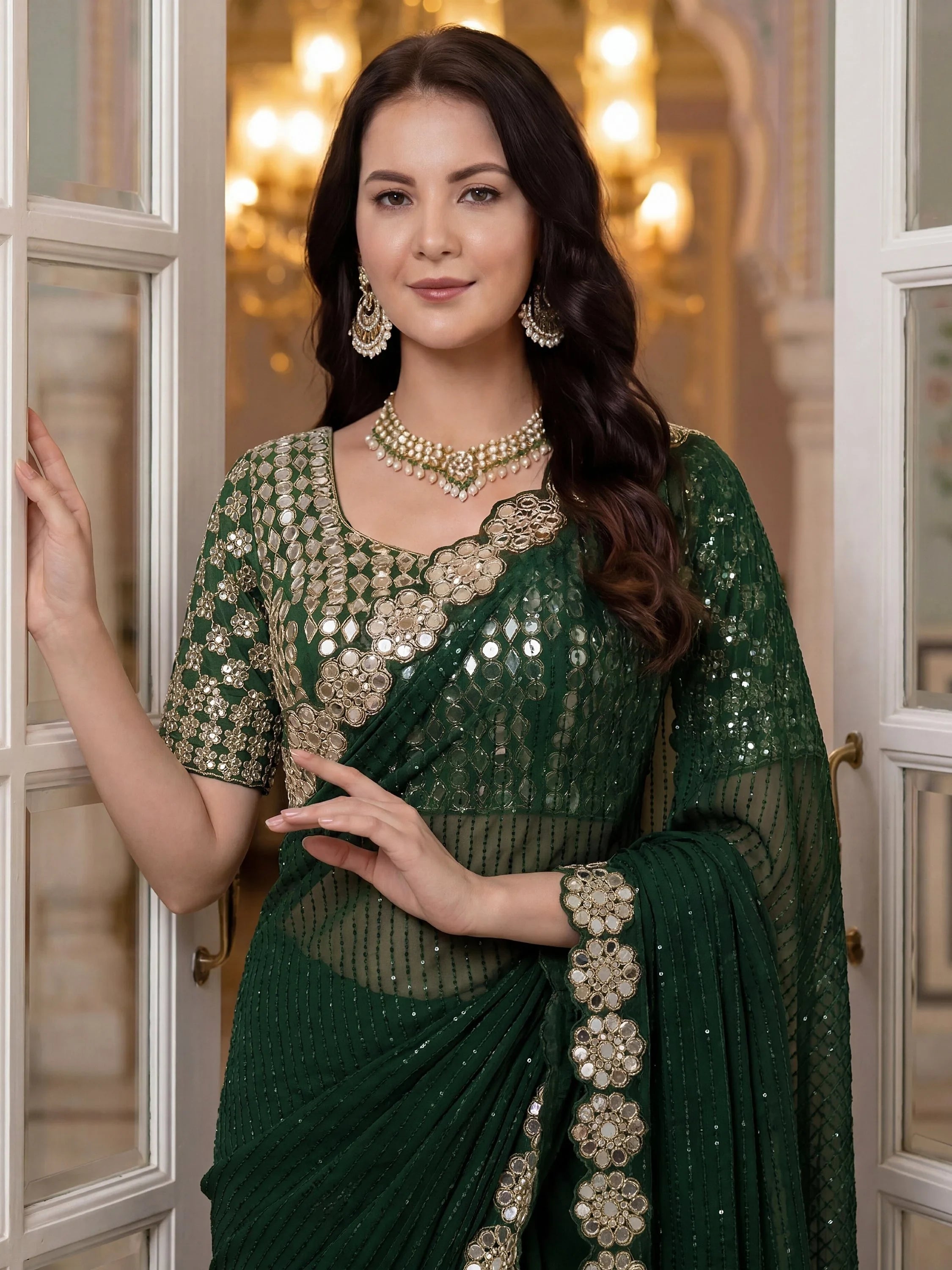 Green Sparkling Real Mirror Border Georgette Bridal Saree With Blouse