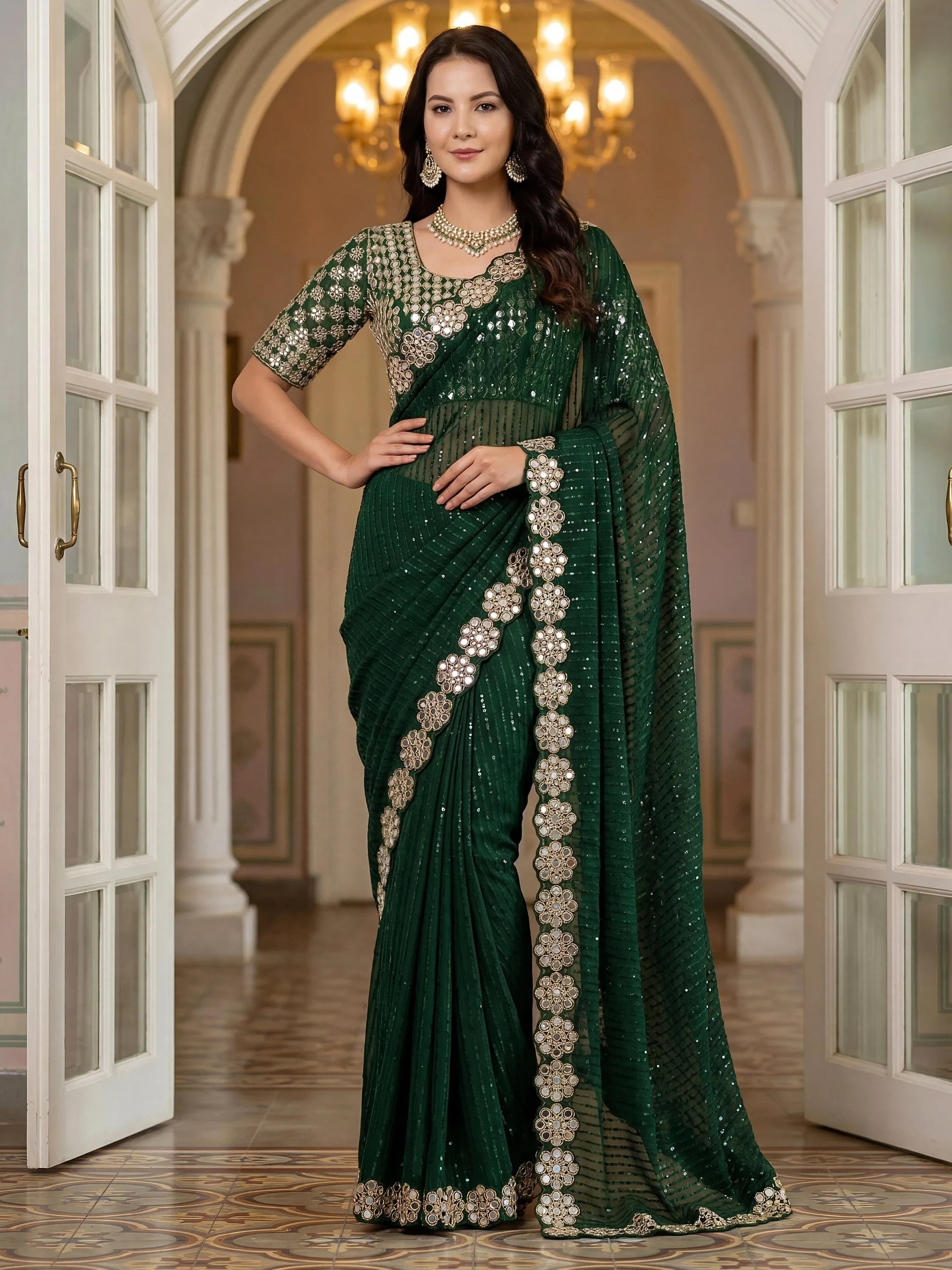 Green Sparkling Real Mirror Border Georgette Bridal Saree With Blouse